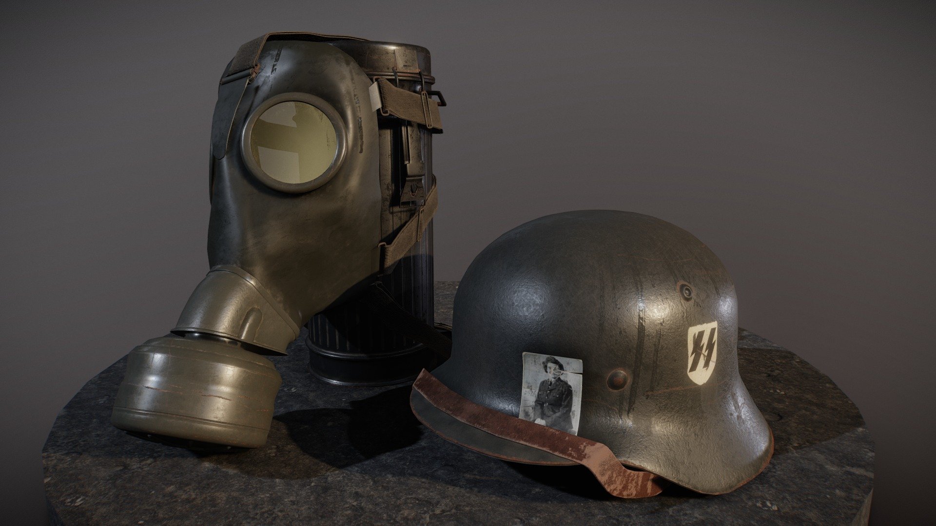 Modeling and baking done in 3Ds Max, texturing done in Photoshop using the PBR metalness workflow.

https://www.artstation.com/artwork/3bNRm - WWII German Helmet, Gasmask and Canister - Download Free 3D model by Szabolcs Csizmadia (@Szalage) 3d model