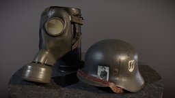 WWII German Helmet, Gasmask and Canister world, gasmask, german, wwii, canister, howest, pbr, helmet, war