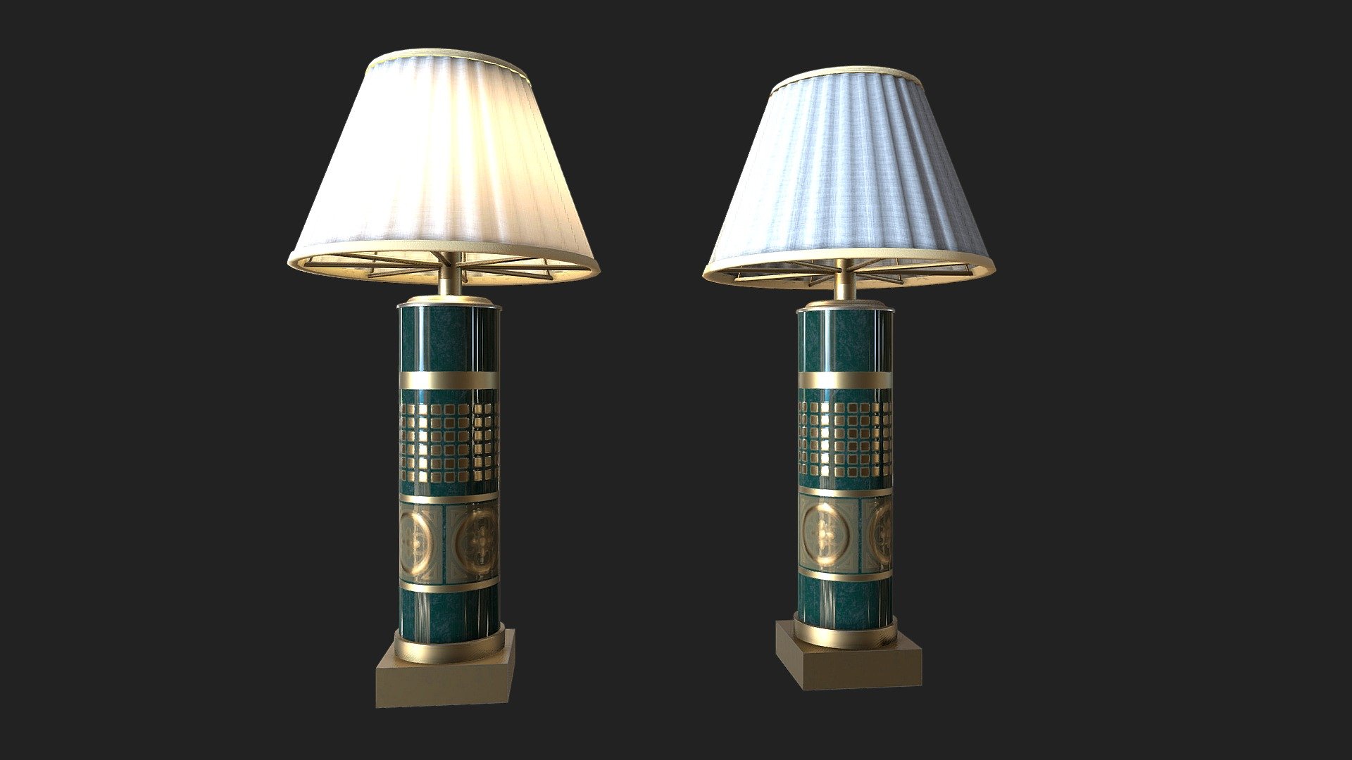 2x 2048x2048 texture packs, one for the bulb glass and the other for the lamp (PBR Metal Rough, Unity HDRP, Unity Standard Metallic and UE):

PBR Metal Rough: BaseColor, AO, Height, Normal, Roughness and Metallic;

Unity HDRP: BaseColor, MaskMap, Normal;

Unity Standard Metallic: AlbedoTransparency, MetallicSmoothness, Normal;

Unreal Engine: BaseColor, Normal, Occlusion Roughness Metallic;

The package also has the .fbx, .obj, .dae and .blend files - Luxury Lamp - Buy Royalty Free 3D model by Thiago Ferraro (@thiagoferraro) 3d model