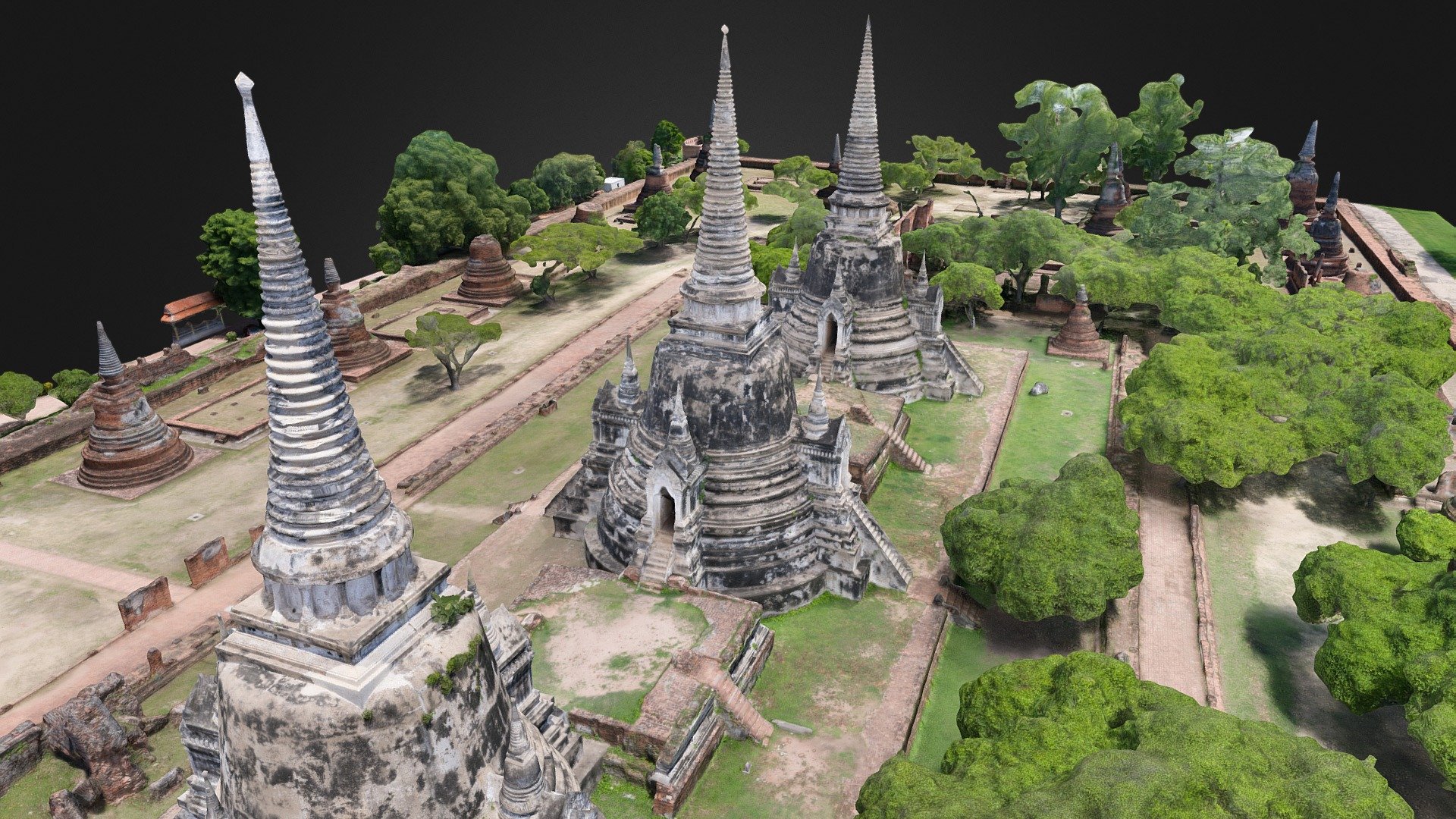 Ayutthaya - Wat Phra Si Sanphet, Thailand.

Processed from 4946 aerial photos (collected by CyArk).

Photos distrubuted by Open Heritage 3D.

https://doi.org/10.26301/taz6-n215 - Wat Phra Si Sanphet - Download Free 3D model by Agisoft 3d model