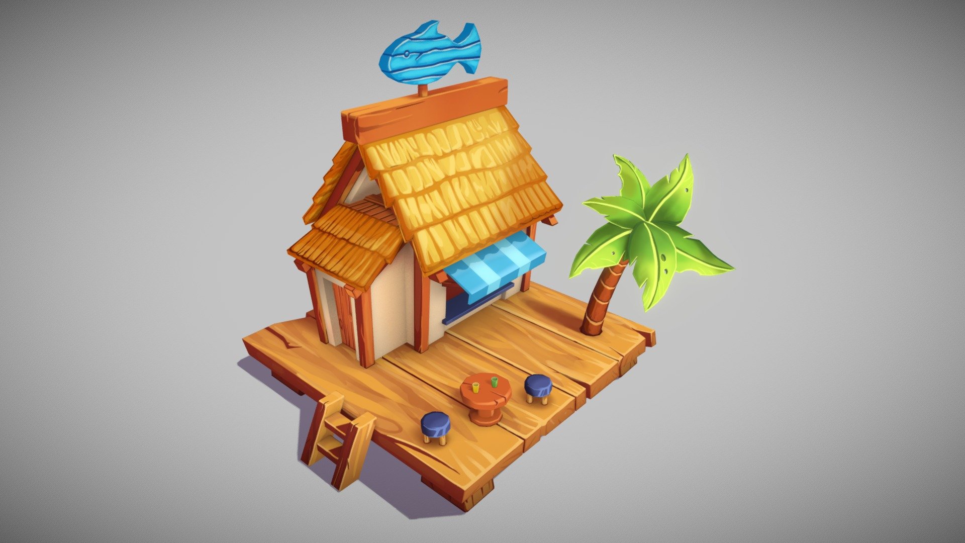 Small building/environment, made from concept. Modelled in Maya and textured in Substance Painter.

Original concept:
https://www.artstation.com/artwork/1nm3XX - Beach Restaurant/Tropical Kiosk - 3D model by Sparkywor 3d model