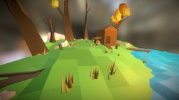 Low poly trees, landscape, autodesk, wooden, forest, grass, mushroom, lake, rocks, stage, bloom, fall, minimalist, chill, autumn, wooden-house, autum-lowpoly-landscape-land, studiomax, maya, 3d, lowpoly, low, axe, modelling, environment