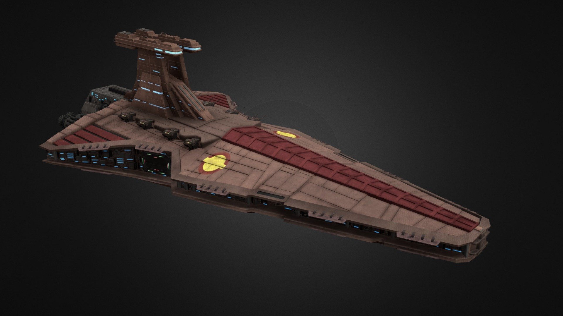 This project is based on the Venator of the clone wars series. At the moment it is the biggest project that I have done 
because I have put many details and love. I am very happy with the result and I hope you like it 3d model