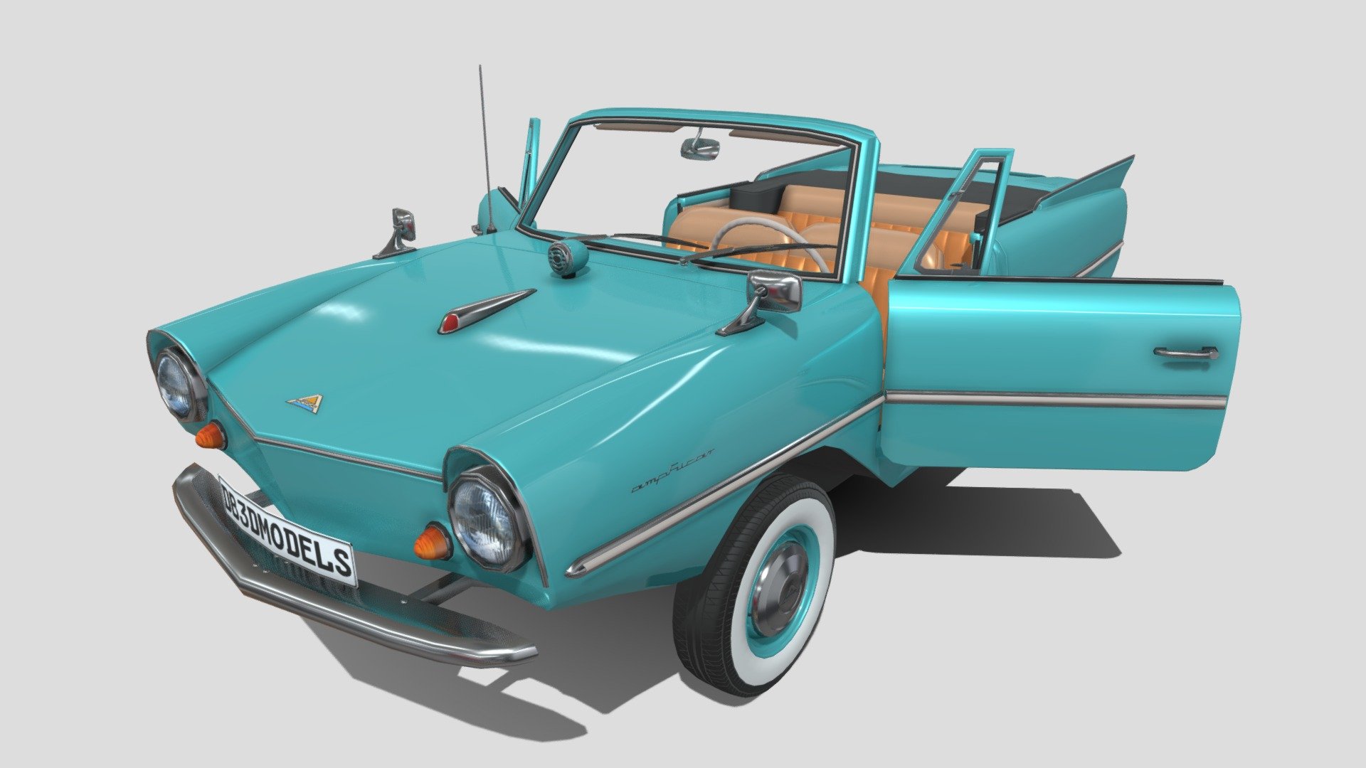 Highly detailed Amphicar 770 with a detailed interior 3d model rendered with Cycles in Blender, as per seen on attached images. 
The 3d model is scaled to original size in Blender.

File formats:
-.blend, rendered with cycles, as seen in the images;
-.blend, open, rendered with cycles, as seen in the images;
-.obj, with materials applied;
-.obj, open, with materials applied;
-.dae, with materials applied;
-.dae, open, with materials applied;
-.fbx, with materials applied;
-.fbx, open, with materials applied;
-.stl;
-.stl, open;

3D Software:
The 3D model was originally created in Blender 2.8 and rendered with Cycles.

Materials and textures:
The models have materials applied in all formats, and are ready to import and render.
The models come with two png textures(one for the number plate, which can easily be removed).

General:
The models are built mostly out of quads and are subdivisable.
It comes in separate parts, named correctly for the sake of convenience 3d model