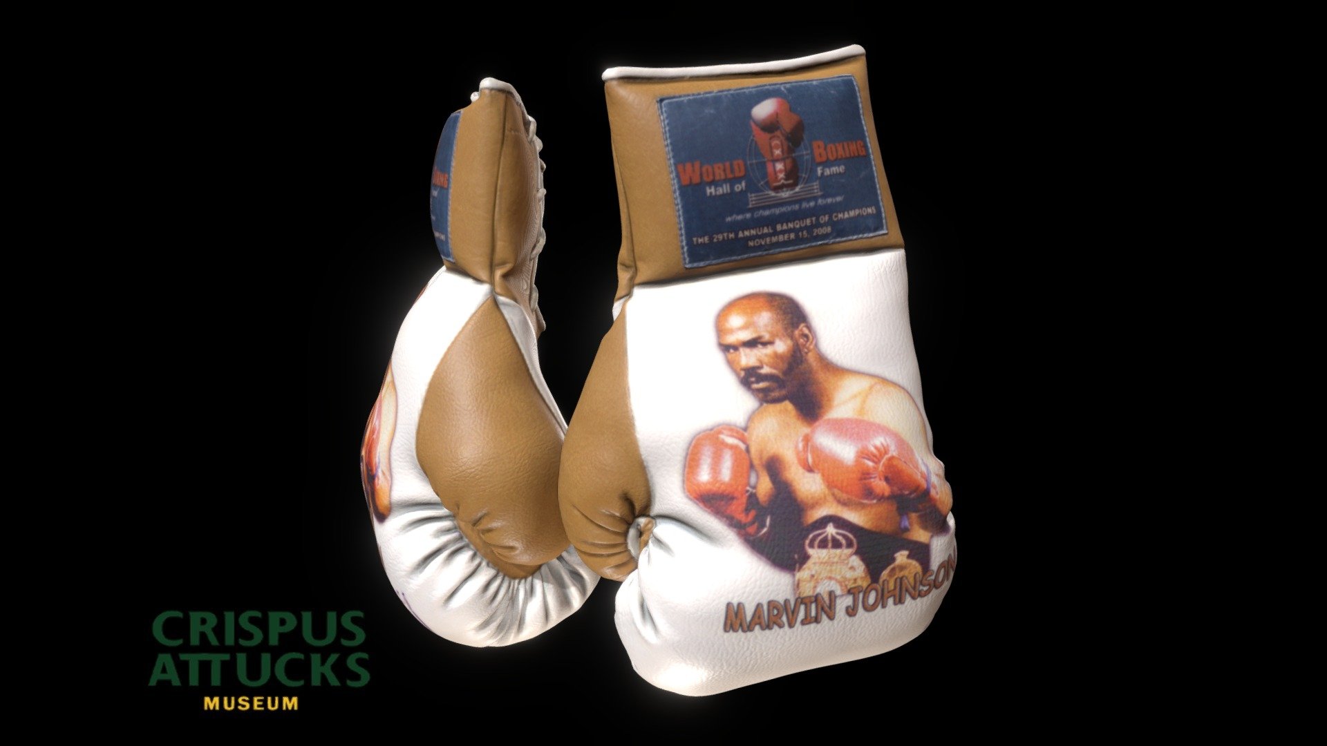 Boxing Federation of America Championship Commemorative Gloves, 1979 (from the Marvin Johnson Collection).

Marvin Johnson is an American former boxer who was a 3-time light-heavyweight champion of the world. As an amateur, Johnson fought in the 1972 Olympics in Munich, winning a bronze medal, and made his way up the professional ranks in the light heavyweight division soon thereafter. Johnson was inducted into the World Boxing Hall of Fame in 2008. His nickname is &ldquo;Pops