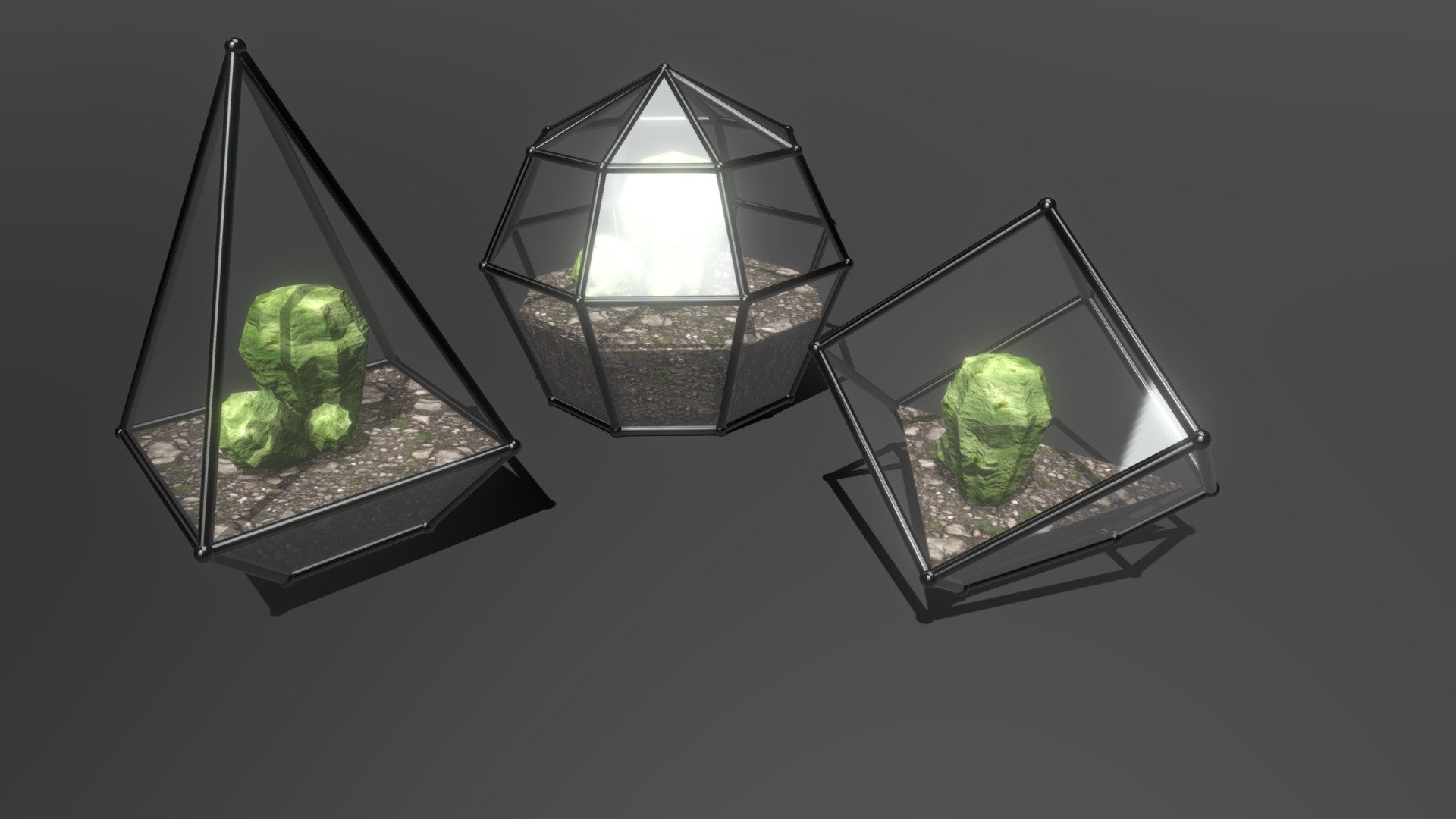 Low-poly set of 3 Florarium.
Florarium (terrarium for plants) is a small glass container with a small garden inside and its microclimate for plants. 
Created with 3Ds max2018. Export in FBX. Model have diffuse, opacity, normal texture maps 3d model