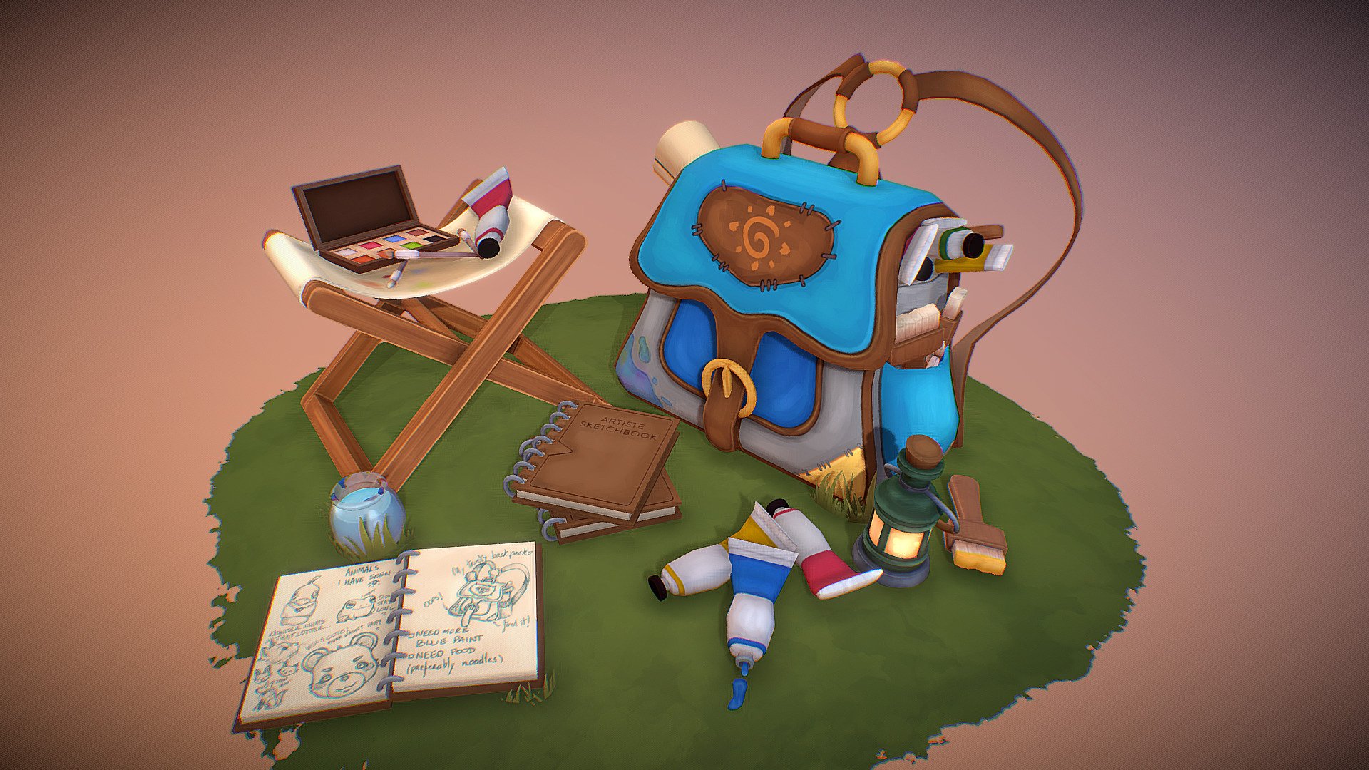This is the perfect kit for those adventurous artists out there.

Equipped with so much paint that it almost doesn't fit in the bag, you can't go wrong with the amount of paint to bring for your journey!

Here's my entry for the #AdventureKitChallenge ! 
I thought I would create I kit I would see myself using haha 3d model
