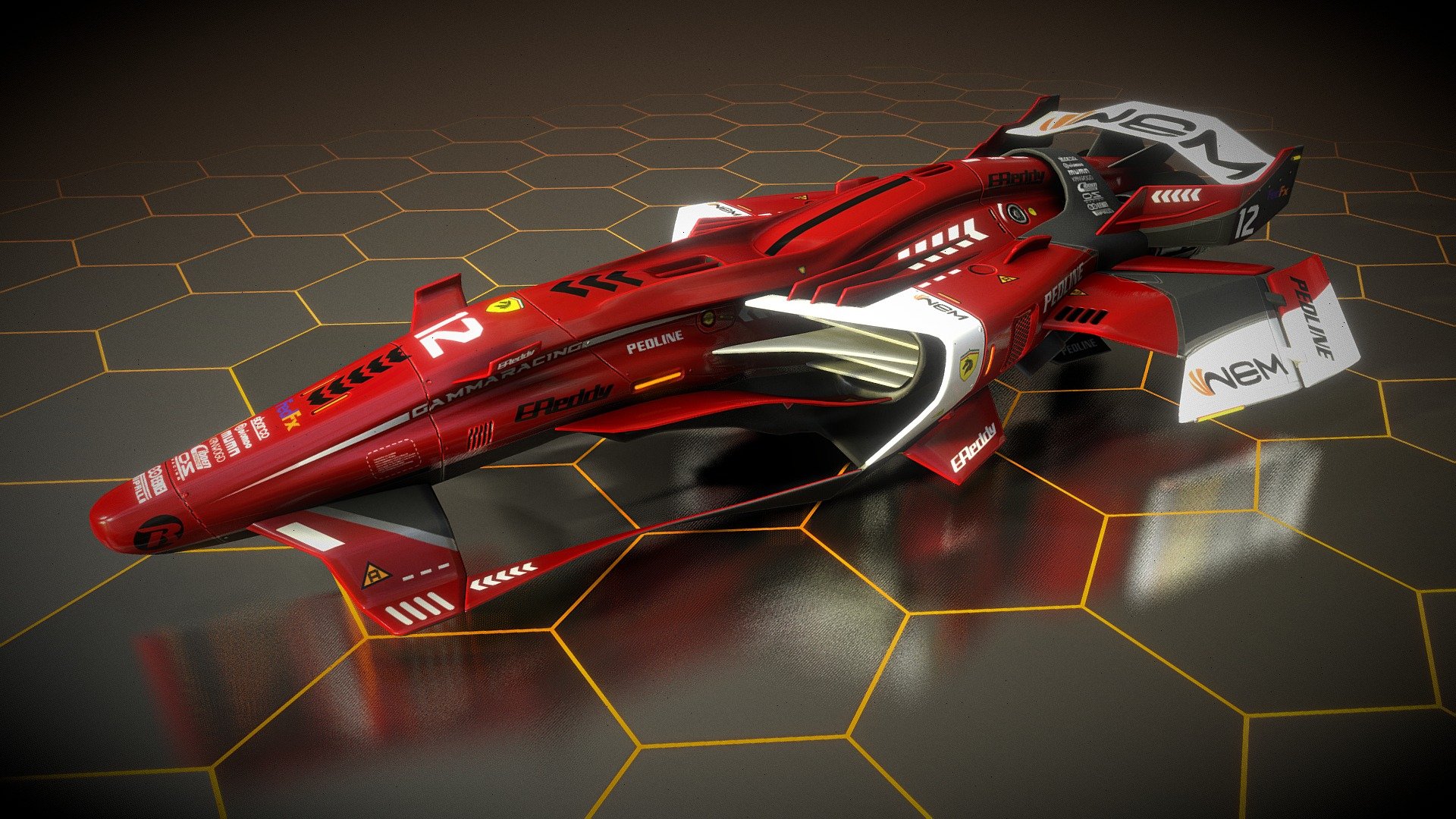 Model of a futuristic racing prototype of RED_SHIP from F1 wipeout style. 3dsmax modeling and animation, texturing with 3dcoat 3d model