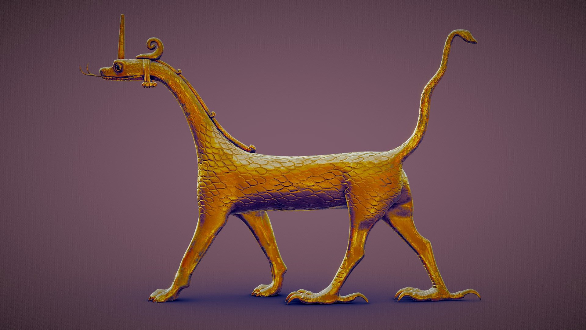 The mušḫuššu (𒈲𒄭𒄊; formerly also read as sirrušu or sirrush) or mushkhushshu (pronounced [muʃxuʃʃu] or [musxussu]), is a creature from ancient Mesopotamian mythology. A mythological hybrid, it is a scaly animal with hind legs resembling the talons of an eagle, lion-like forelimbs, a long neck and tail, a horned head, a snake-like tongue, and a crest. The mušḫuššu most famously appears on the reconstructed Ishtar Gate of the city of Babylon, dating to the sixth century BCE.

The form mušḫuššu is the Akkadian nominative of Sumerian: 𒈲𒄭𒄊 MUŠ.ḪUS, &lsquo;reddish snake', sometimes also translated as &lsquo;fierce snake'.[2] One author,[3] possibly following others, translates it as &lsquo;splendor serpent' (𒈲 MUŠ is the Sumerian term for &lsquo;serpent'). The reading sir-ruššu is due to a mistransliteration of the cuneiform in early Assyriology.[4] - Sirrush - Buy Royalty Free 3D model by Eugene Korolev (@eugene.korolev) 3d model