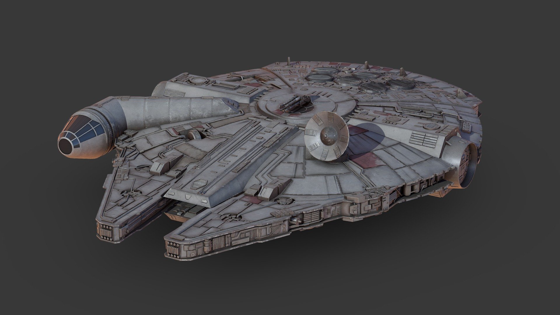 PBR textures in 4096 x 4096

different texture sets for the greebles and the base shape.

Not really game ready but good for animations.
 - Millennium Falcon - Buy Royalty Free 3D model by Vila (@VilaPereira) 3d model