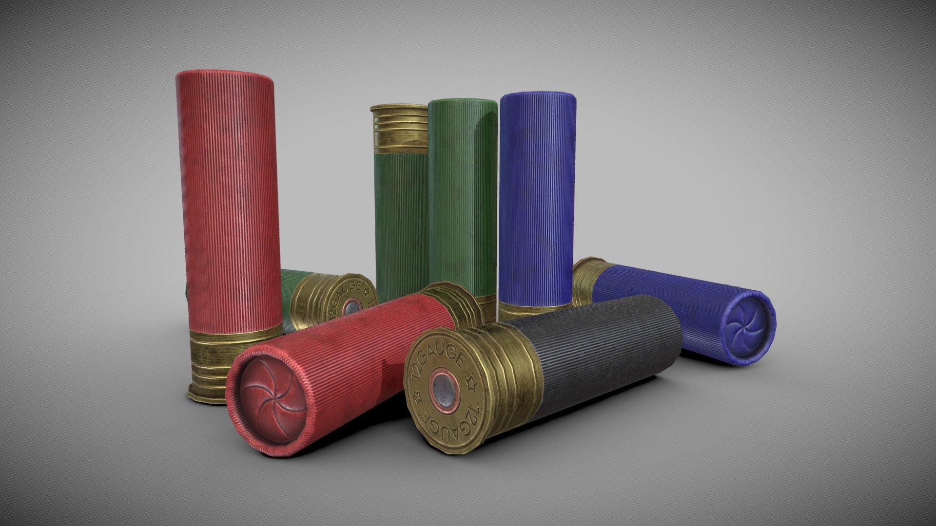 Game ready 3d model of shotgun shell cartridge with 4 color variants (red, green, blue, black) with PBR textures.

Included textures:




Albedo

Normal (both OpenGL and DirectX)

Roughness

Metallic

Ambient Oclussion

ORM(Combined AO, Roughmess, Metallic in separate channels)
all in 2048x2048

252 tris - Shotgun shell - game-ready - Download Free 3D model by kamsz 3d model