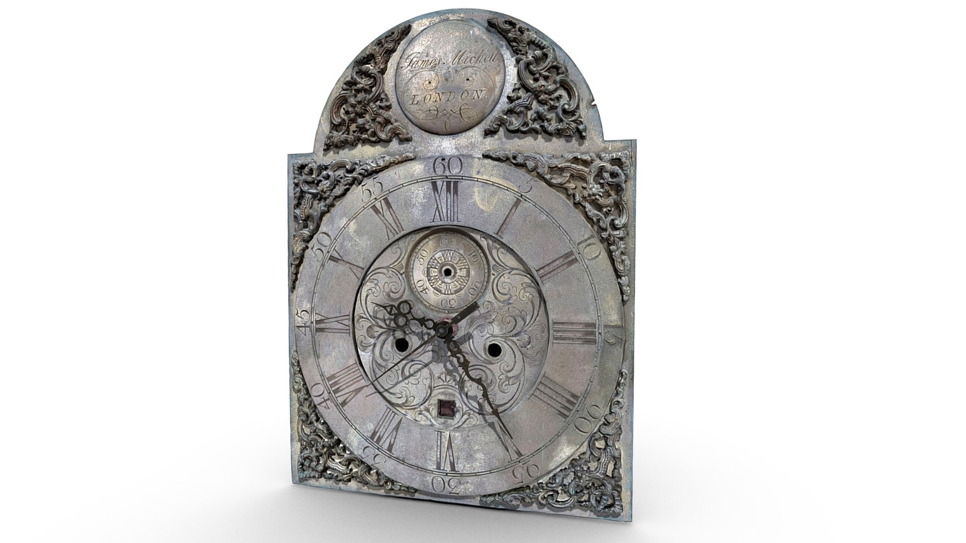 This modified lantern wall clock converted to a clockwork mechanism, exhibits an arched dial with detailed scrollwork. It has the name James Michell of London on its face. The clock is part of the collection from the Moseley Homestead, a National Register of Historic Places site in Brandon, Florida. The 1886 homestead was originally owned by Charles Scott Moseley and his wife Julia Daniels Moseley and later their descendants. Charles Scott Moseley was an inventor and watchmaker, including time as a watchmaker with the Elgin plant in Illinois, where he had a 40-year career as First Superintendent. The Moseley collections include several examples of early watches and clocks, including this piece that possibly dates to c. 1780 - 1820  based on its dial characteristics, presence of double numbering with minutes and a second hand, engraved spandrels, trefoil hands, and overall design 3d model