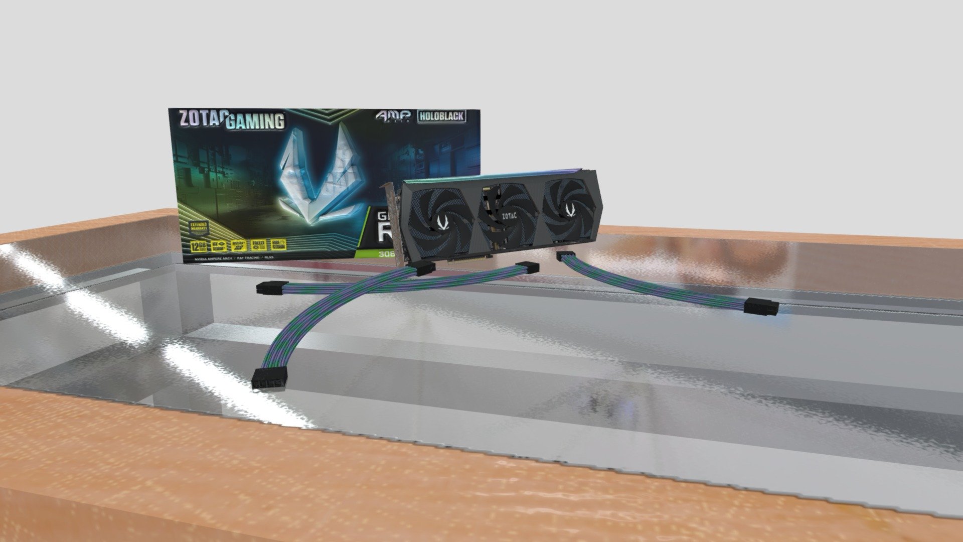 Model of the zotac gaming nvidia rtx 3080 ti graphic card together with its box and some custom pcie cables placed on a desk. The model and textures of the box and graphic card may not be 100% accurate to the original ones 3d model