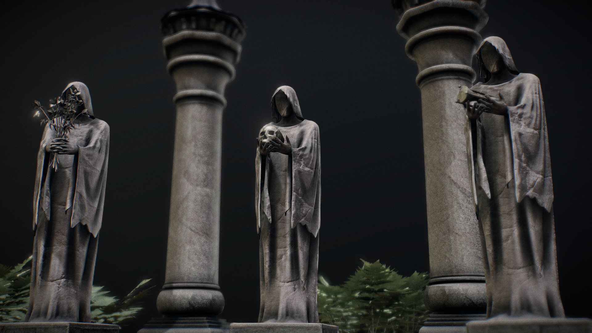 3 ancient statues modeled in blender with some fun cloth sim. the statues and held object have a single shared 8K PBR material. same with the scene around it. the ferns and leaves have their own separate materials. all PBR 3d model