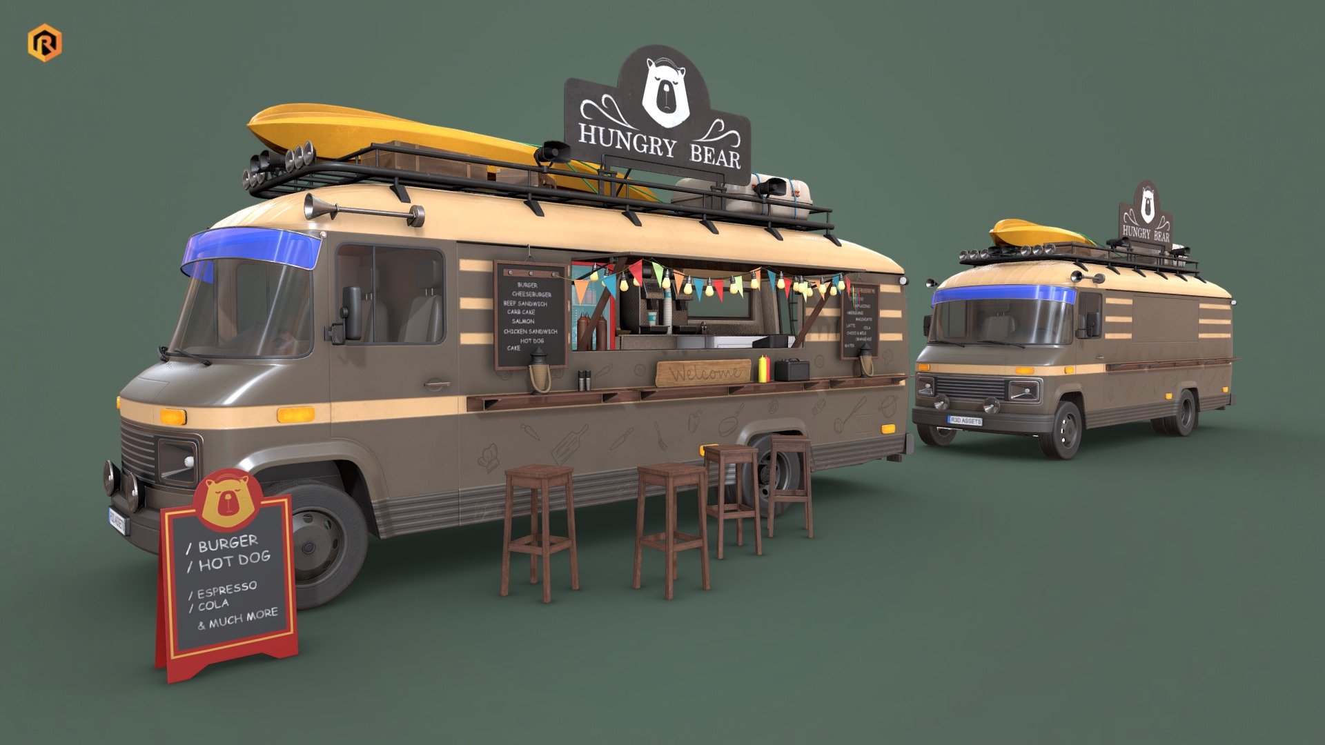 Low-poly PBR 3D model of Food Truck with an additional chairs. 

There is open and closed version of this 3D model included on product page.

You can also get this model in a collection: https://skfb.ly/oJyQt

This model is best for use in games and other VR/AR, real-time applications such as Unity or Unreal Engine. It can also be rendered in Blender (ex Cycles) or Vray as the model is equipped with all required PBR textures.  

Technical details:




5 PBR textures sets (Main Body, Items, Emission, Alpha and Interior) 

58699 Triangles

The model is divided into few objects like main body, wheels, chairs, doors etc.

Lot of additional file formats included (Blender, Unity, UE4, Maya etc.)  

More file formats are available in additional zip file on product page (See all files)

Please feel free to contact me if you have any questions or need any support for this asset.

Support e-mail: support@rescue3d.com - Hipster Food Truck | Low-poly PBR 3D Model - Buy Royalty Free 3D model by Rescue3D Assets (@rescue3d) 3d model