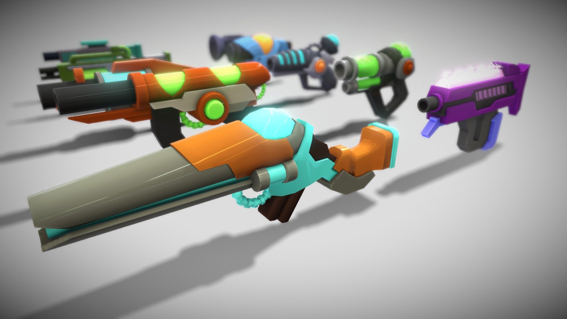 Set of 10 most popular low poly style guns with styles future.

Pack contains:
- Gun_01_H
- Gun_02_H
- Gun_03_H
- Gun_04_H
- Gun_05_H
- SGun_01_R
- Gun_02_R
- Gun_03_R
- Gun_04_R
-Gun_05_R
- Texture size 1024/1024 ,with  five level color 
All models use the same texture and material.
Don't forget to ranked the package if you download it. It's helping me to make greatest things 3d model