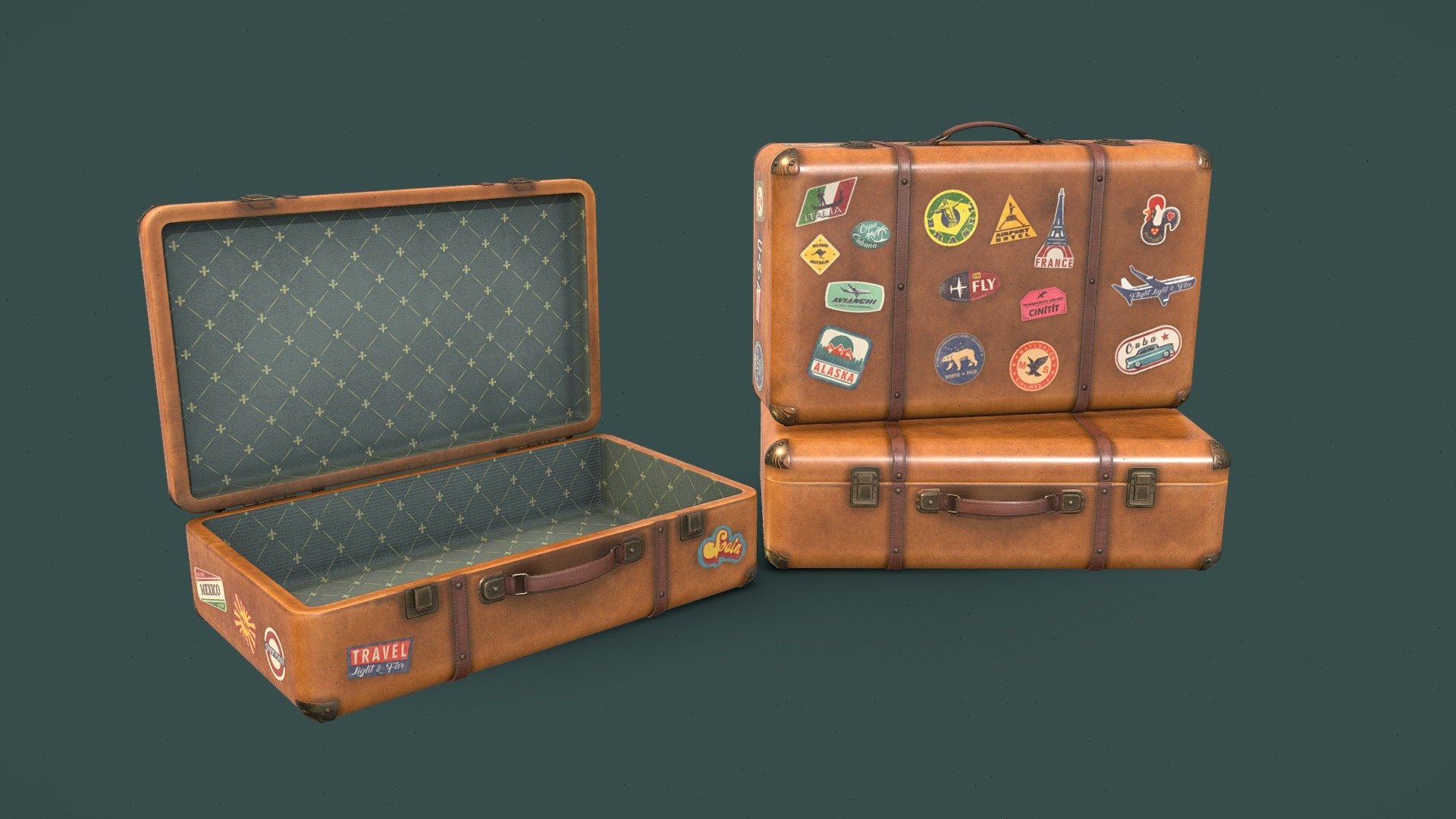 Worn out suitcases low poly versions. The suitcases are the same but there are two different groups of textures, depending on if it is desired with stickers or not. The textures are 4096x4096 and the assets are in real measures, unwrapped no overlapping all made with quads with a total of 6510 polys. The suitcases are designed inside, therefore it could be used opened or closed. Finally the stickers are designed for this asset 3d model
