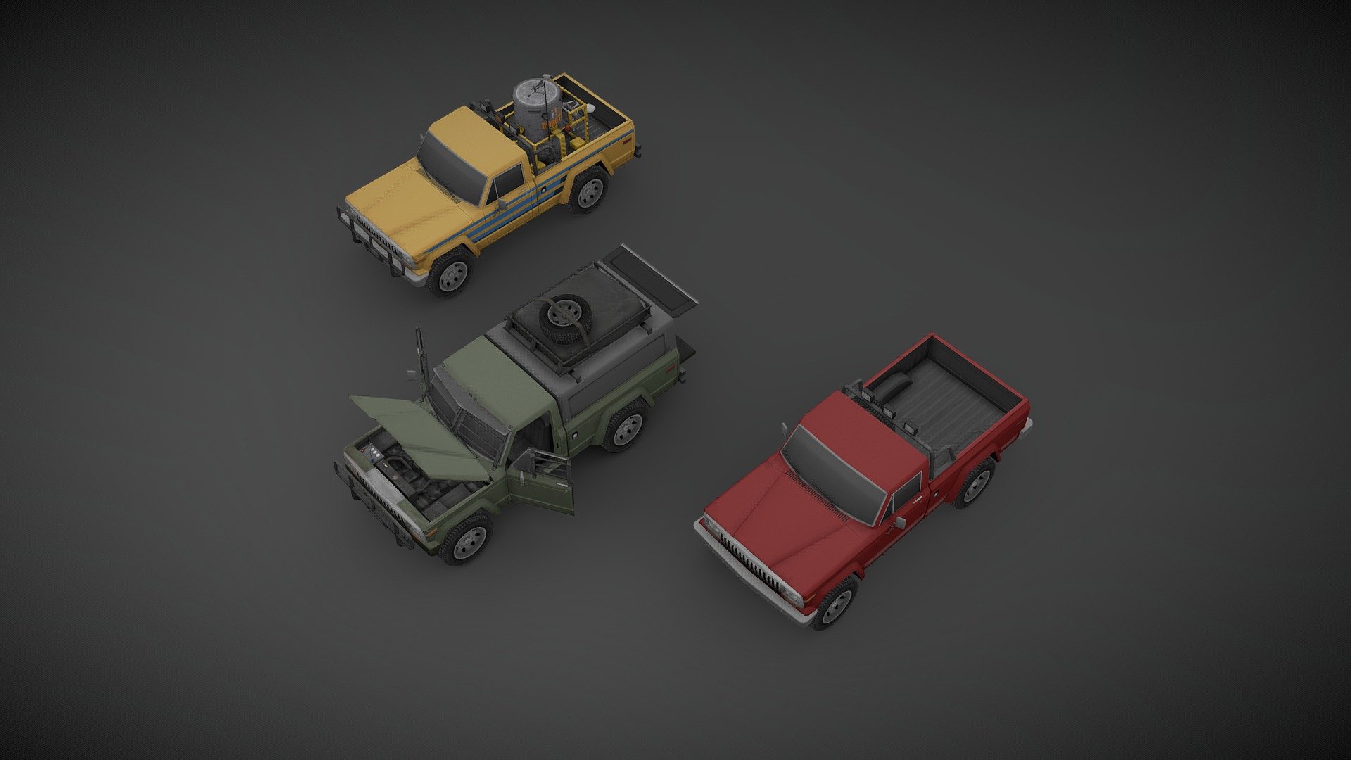 Showcase of a 1982 Jeep J10 featuring Mellow Yellow truck from the movie Twister, I’ve made for project ZOMBOID, low poly but with a high detail texture, optimized for game engine. This version is not a 100% true to the original since there are some compromises I’ve had to make to present it here.

You can find the actual version in project ZOMBOID STEAM Workshop 3d model