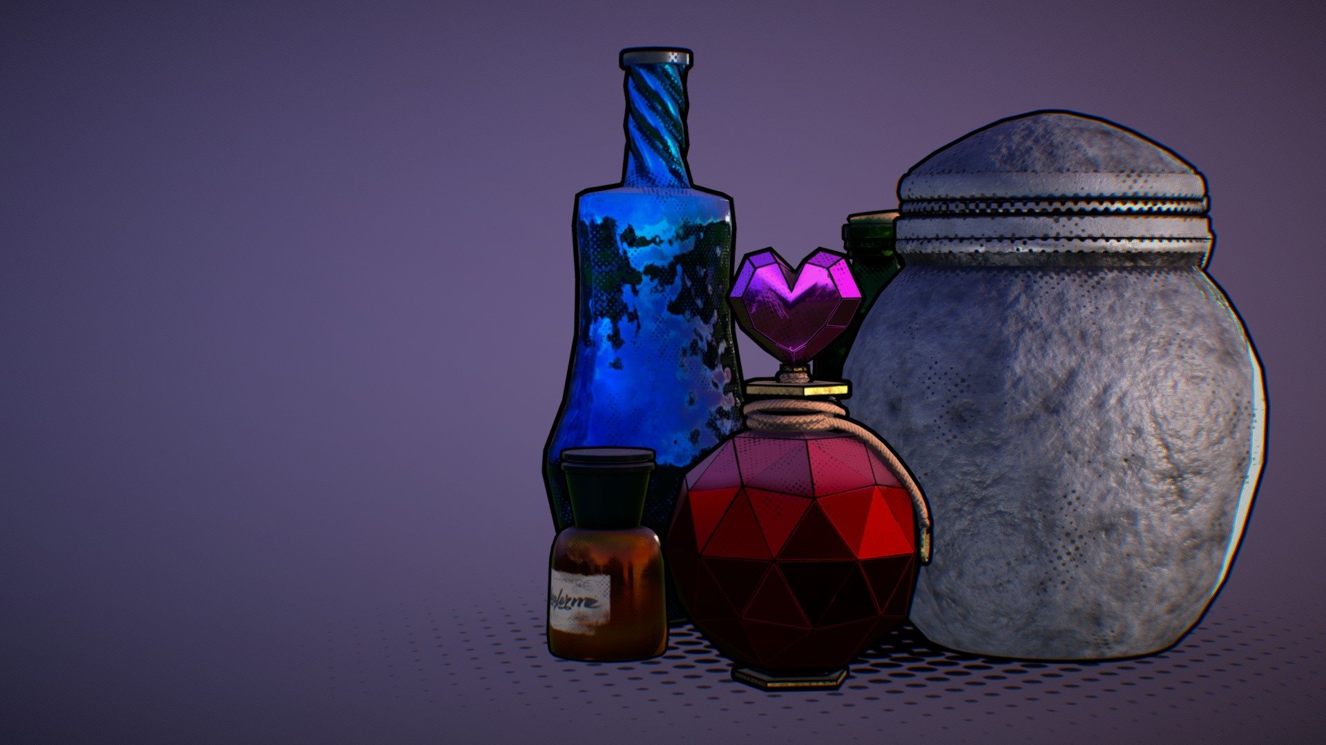 Apothecary elements done with a Substance Painter comic/cartoon/ cell sahding generator I made long time ago, this was my first tests before the Osora-Ba and Sakura Street scenes, so this is another kind of application of the generator 3d model