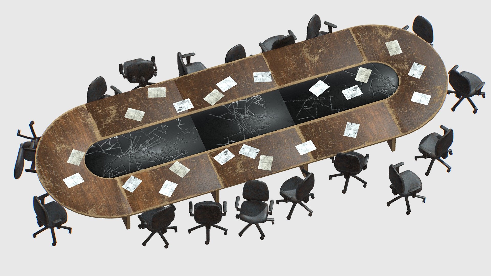 Meeting Table Damaged is a high quality, photo real model that will enhance detail and realism to any of your rendering projects. The model has a fully textured, detailed design that allows for close-up renders, and was originally modeled in cinema 4d

The model contains 104 405 polygons .

|| TEXTURES ||

PBR Textures :Base color / Normal / Roughness / OA .

Dim :

Meeting Table : 2048 x 2048 / Chair : 1024 x 1024 / Paper : 256 x 256 . || FORMAT ||

CINEMA4D R17 .
FBX-3Ds-OBJ.-TBSCENE . 
Model is built to real-world scale . Units used: Centimeters. No third-party plug-ins needed. 

|| ADDITIONAL NOTES ||
Please rate it if you like it.Thank you for visite 3d model