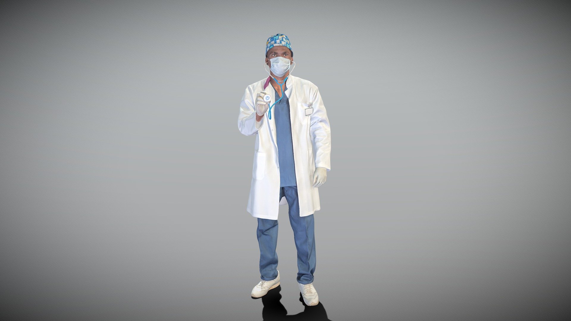 This is a true human size and detailed model of a handsome man of African appearance dressed in a medical uniform. The model is captured in typical professional pose to perfectly match a variety of architectural and product visualizations, be used as a background or mid-sized character in advert banners, professional products/devices presentations, educational tutorials, VR/AR content, etc.

Technical specifications:




digital double 3d scan model

150k &amp; 30k triangles | double triangulated

high-poly model (.ztl tool with 5 subdivisions) clean and retopologized automatically via ZRemesher

sufficiently clean

PBR textures 8K resolution: Diffuse, Normal, Specular maps

non-overlapping UV map

no extra plugins are required for this model

Download package includes a Cinema 4D project file with Redshift shader, OBJ, FBX, STL files, which are applicable for 3ds Max, Maya, Unreal Engine, Unity, Blender, etc.

3D EVERYTHING

Stand with Ukraine! - African-American doctor with diagnostic tool 400 - Buy Royalty Free 3D model by deep3dstudio 3d model