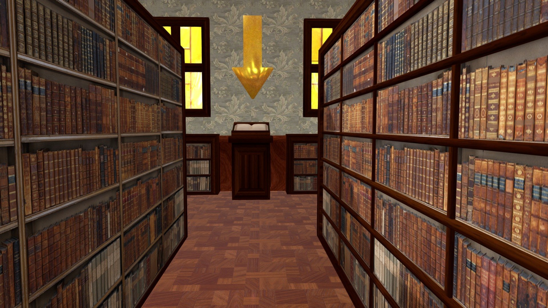 This is a simple low-poly model of the interior of a library, which I made during my time studying 3D animation at UW-Whitewater. This set was originally supposed to be used in an edutainment game of sorts made with Unity, which would explain both the arrow and the low polygon count and the simple textures (we didn't know how big this was going to be, so we started small). We were thinking of a MYST-like first person adventure game where the player would explore a library alone to search for clues and solve puzzles. Unfortunately, in the end, the game got scrapped for some reason 3d model