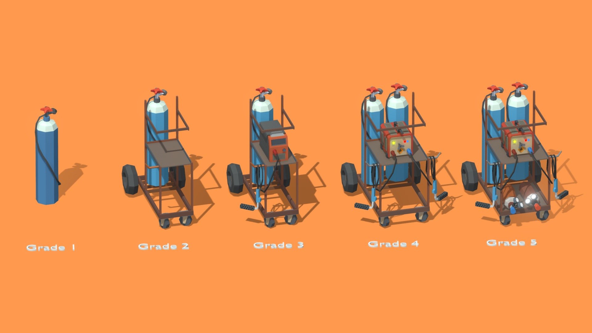 Lowpoly Welding Machine with 5 Grades for mobile game:

Grade 1:



Triangles: 342

Vertices: 212


Grade 2:



Triangles: 818

Vertices: 534


Grade 3:



Triangles: 1,132

Vertices: 718


Grade 4:



Triangles: 1,965

Vertices: 1,236


Grade 5:



Triangles: 2,463

Vertices: 1,544
 - Lowpoly Welding Machine 5 Grades - Buy Royalty Free 3D model by SantyFrow 3d model