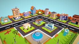 Building cinema, tree, bench, hotel, fountain, road, swing, casino, hospital, playground, bungalow, slider, fance, lamppost, seasaw, building-environment-assets, city-pack, street-light, coffee-bar, lowpoly, home, building, wall, building-pack, childrenpark