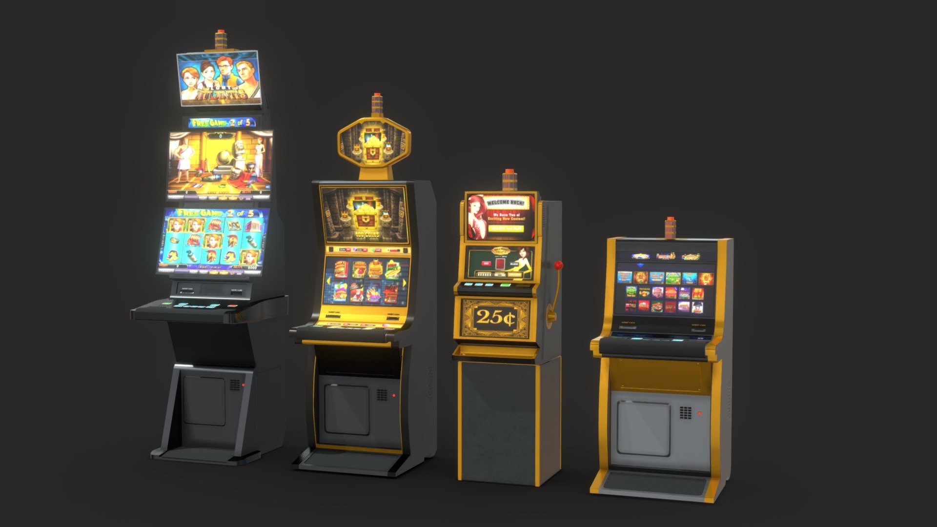 Las Vegas Casino Slot Machine Pack Volume 1. High Poly to spec. Textured, ready for VR / AR

Includes :
* 3 Screen Digital Slot Machine
* 2 Screen Digital Slot Machine with Large Topper
* 2 Screen Digital Pull Slot
* 1 Screen Digital Video Poker Machine
* Rows and Collumns Geometry nodes with procedural settings for custimization. 
* Wall Distrobution Geometry nodes with procedural settings for custimization.

These geonodes included help with optimization of distrobution of slot machines. Fully customizable spacing, row gaps, and slot machine randomization. 
Materials Seperated for easy PBR use. 2 FREE geometry nodes to array slot machines in rows and columns for better optimization. Blender 3.0 and up - Slot Machines Pack - Buy Royalty Free 3D model by Unreal Designer (@unrealdesigner.ig) 3d model
