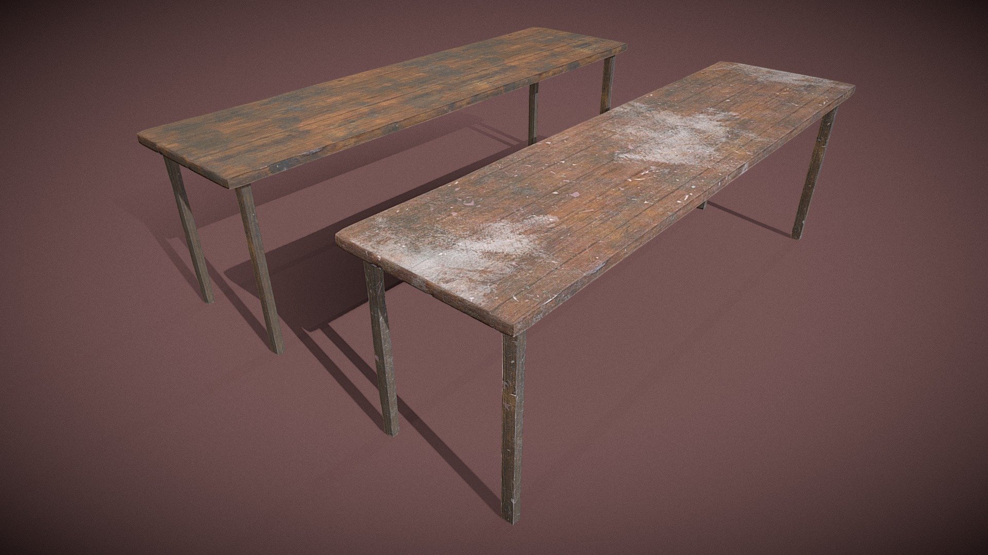 A pair of old wooden tables, each table has a different varation of dirt and wear and tear.  Handy prop for any sort of envronment such as medieval or apocalyptic.  

PBR textures @4k - A paif of worn wooden tables - Buy Royalty Free 3D model by Sousinho 3d model