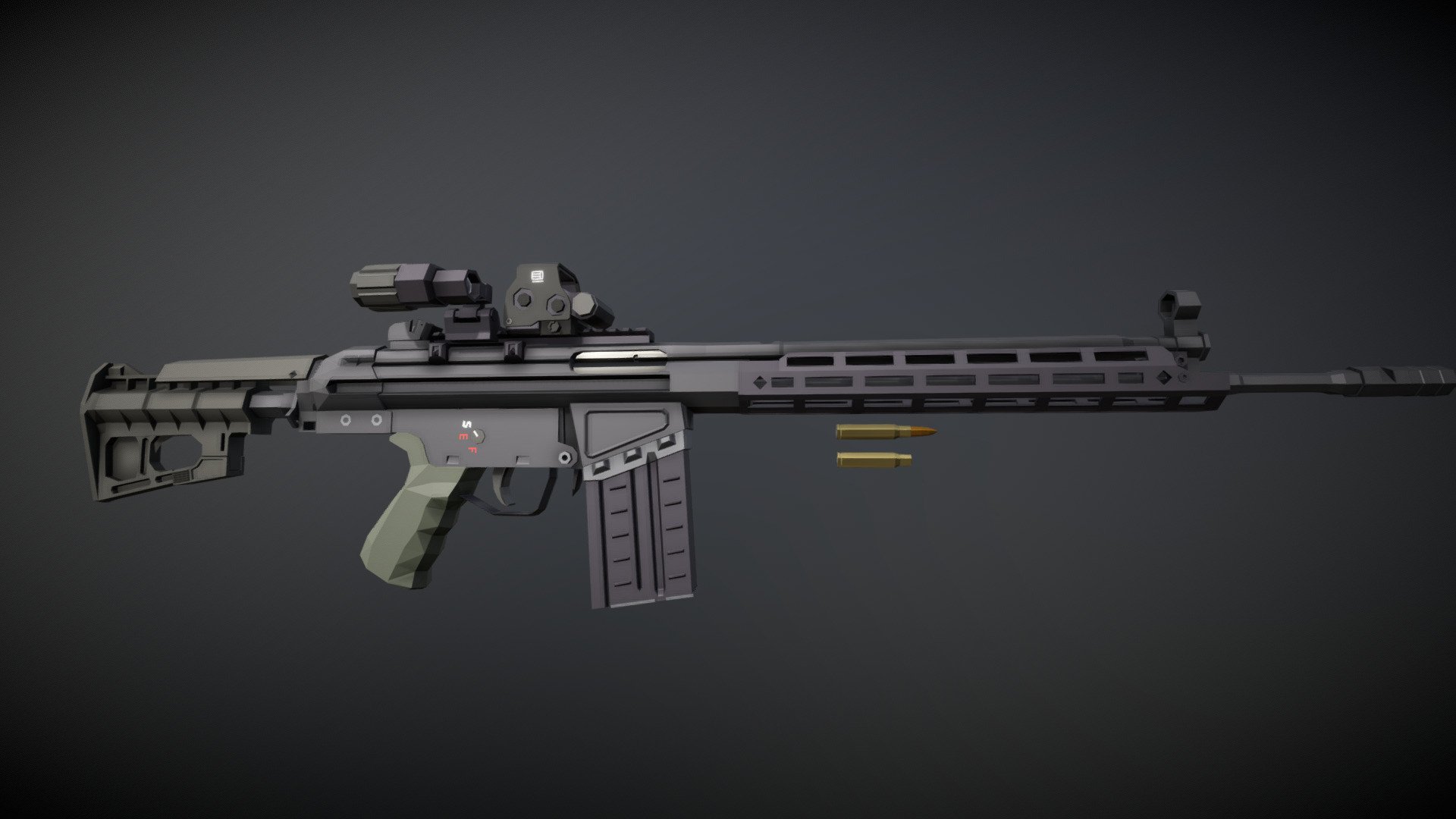 The H&amp;K G3 I previously made, but with a modernized adjustable stock, M-LOK handguard and a holographic sight-magnifier combination mounted on a receiver rail mount

I may or may not upload some M-LOK attachments in the near future - Low-Poly Modernized G3 - Download Free 3D model by notcplkerry 3d model