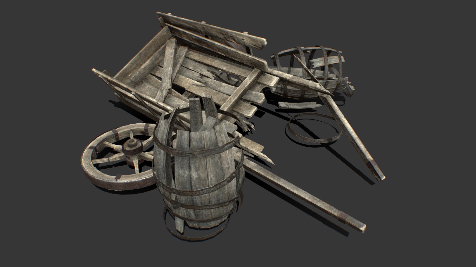 Photorealistic low poly old broken cart and barrels props. Useful for third and first person games. 

Texture resolution 2048x2048 3d model