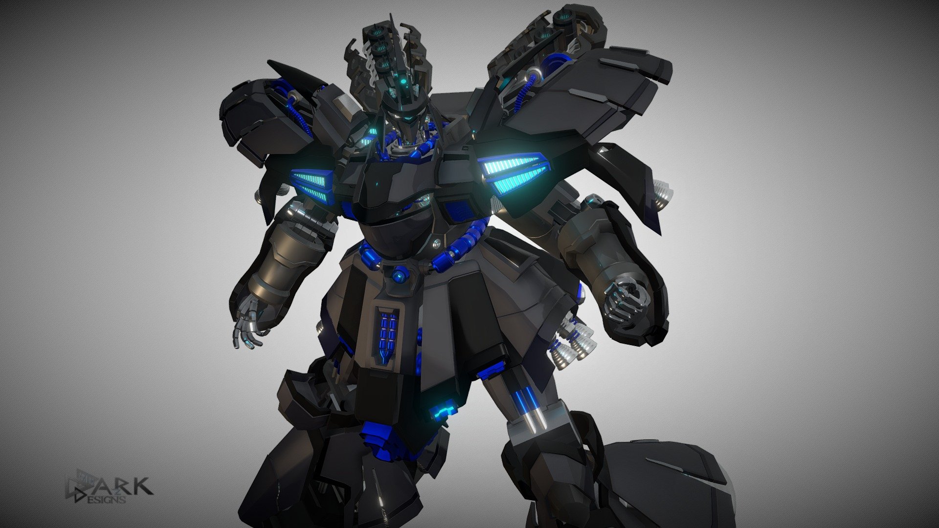 I wanted to make the Gundam a bit more in Black and blue instead of the red version.
Changed: 
light, env, 
emissive, colors, some layers got clear coat, metallic/roughness changes
post effects - pretty much all except for cromatic and grain

Based on &ldquo;SAZABI MSN-04 Gundam