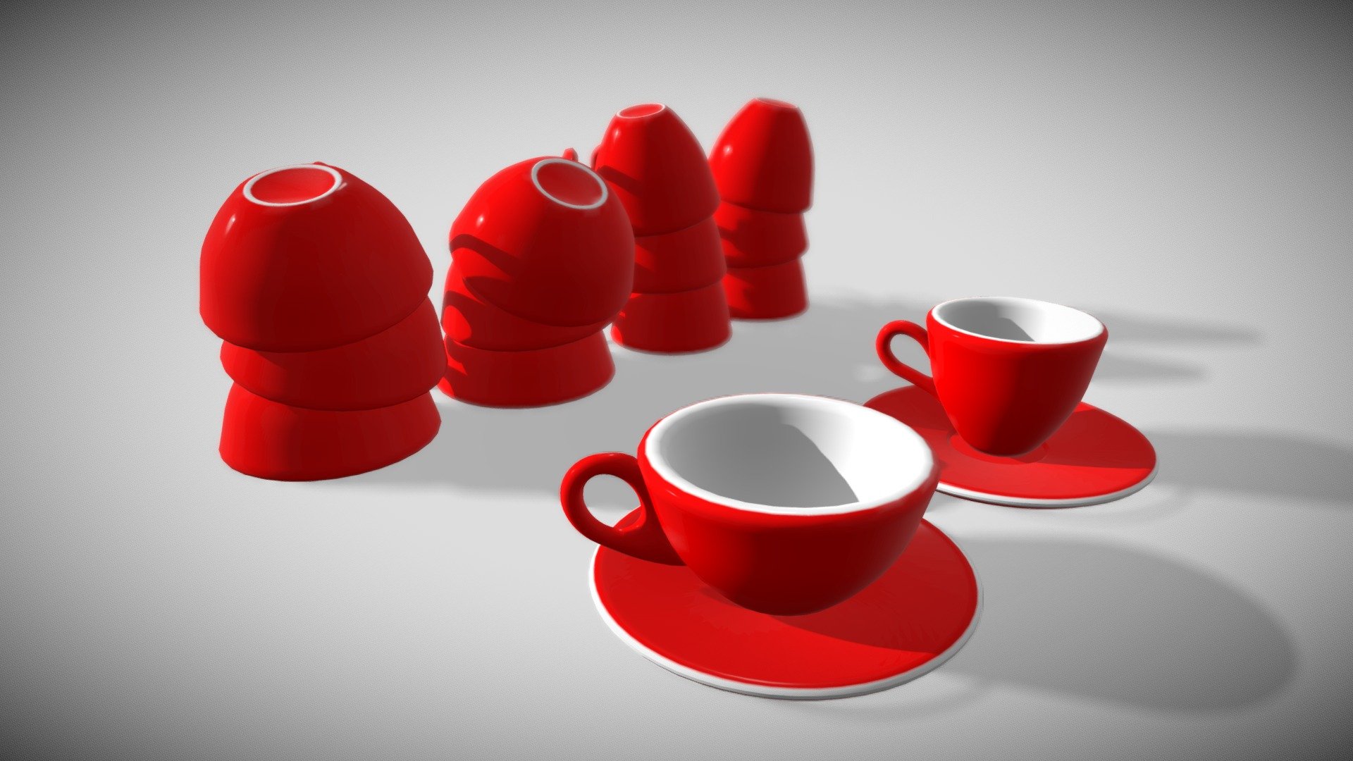 3D models of red cappuccino and espresso cups and saucer for cafe. Includes stacked cups for a commercial coffee machine or cafe scene 3d model