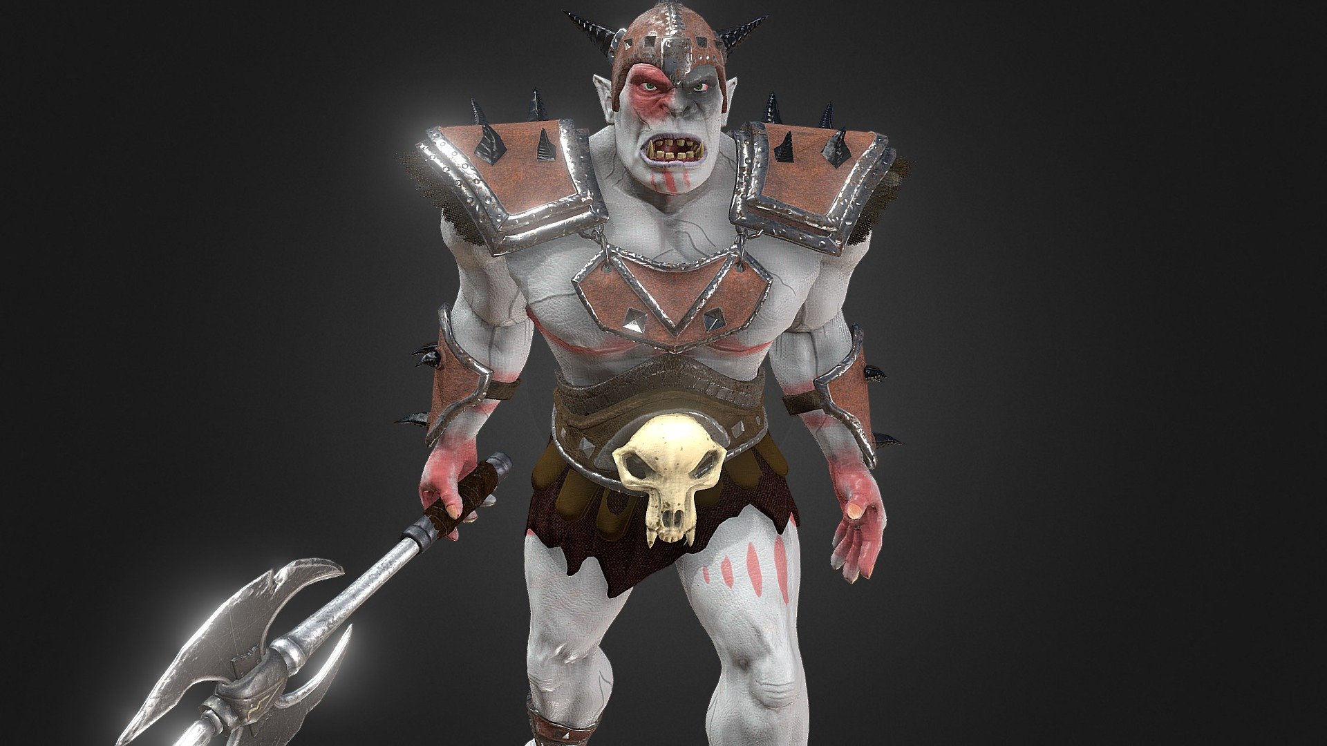 Orc 3D character. In 4 different color variations. Red, white, green and black. Model have 15 k polygons, 16 k vertices total. Textures are 4K PBR.

19 custom animations are included

You can preview them in youtube video. https://youtu.be/C1bJRQXdOBI When video reach moment where orc is in the forest, those animations are various free mecanim animations from unity asset store. I used them to showcase compatibility of this model with even the most extreme movements of various mecanim animations. Before and after the forest animations are mine. In second video you can preview them all. https://youtu.be/koo6RpuqWek  Those are included in the pack

Examine model in 3D viewer

Included in pack:

-Maya files with rigged orc in T-pose with and without axe. Rig is standard maya IK, optimized for Unity mecanim usage. 
-Maya files with animations. 
-FBX files of orc in T-pose with and without axe. FBX files of animations. Each animation is separate FBX file. 
-Textures - Orc game character - Buy Royalty Free 3D model by TomVeg (@tomislavveg) 3d model