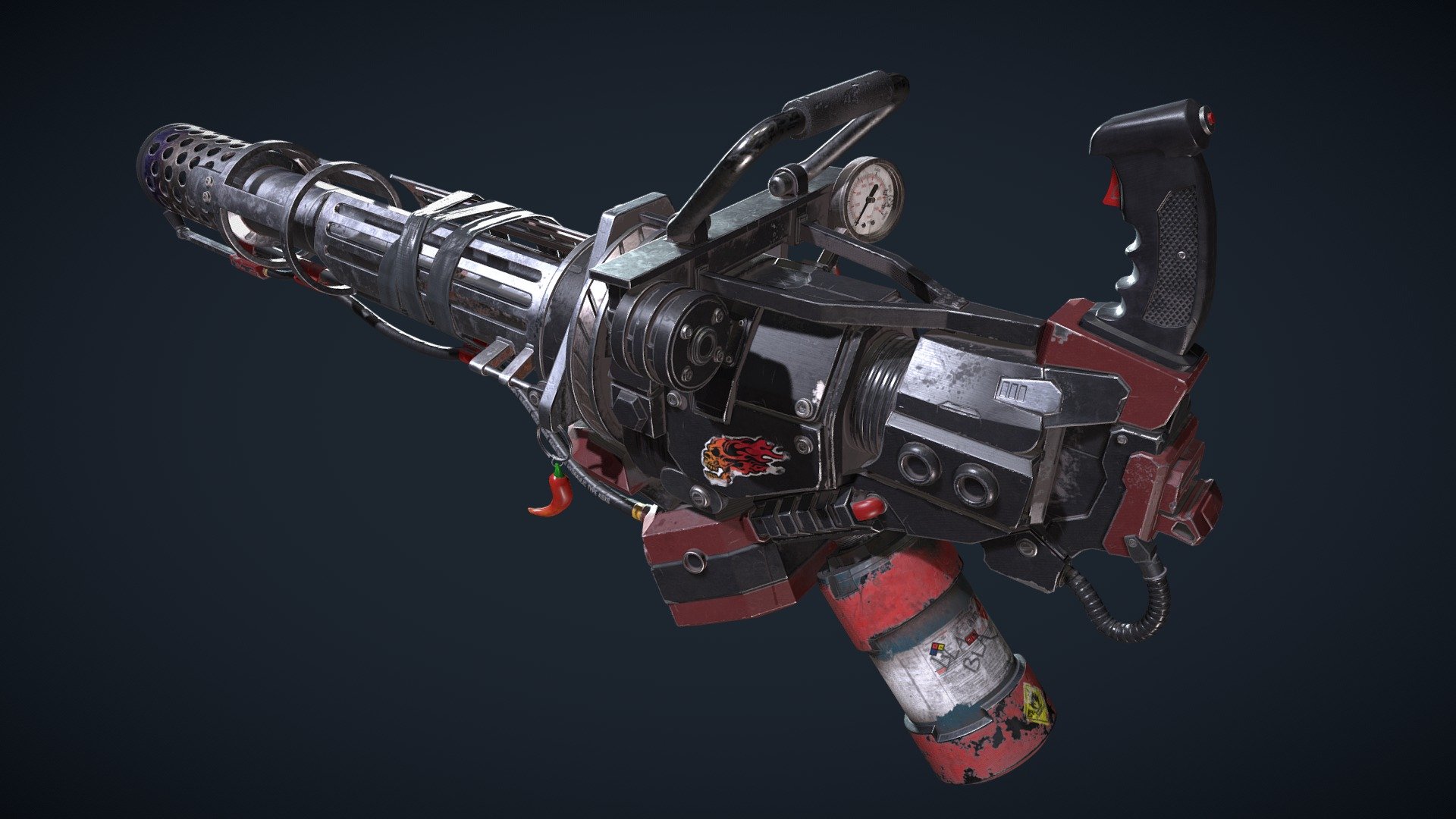 A Flamethrower combined with a Minigun!
The modle is inspired by the concept art of Saeed Jalabi

Modled in Maya
Textured in Substance Painter - Minigun meets Flamethrower - 3D model by Vivien Siemers (@vivien_siemers) 3d model