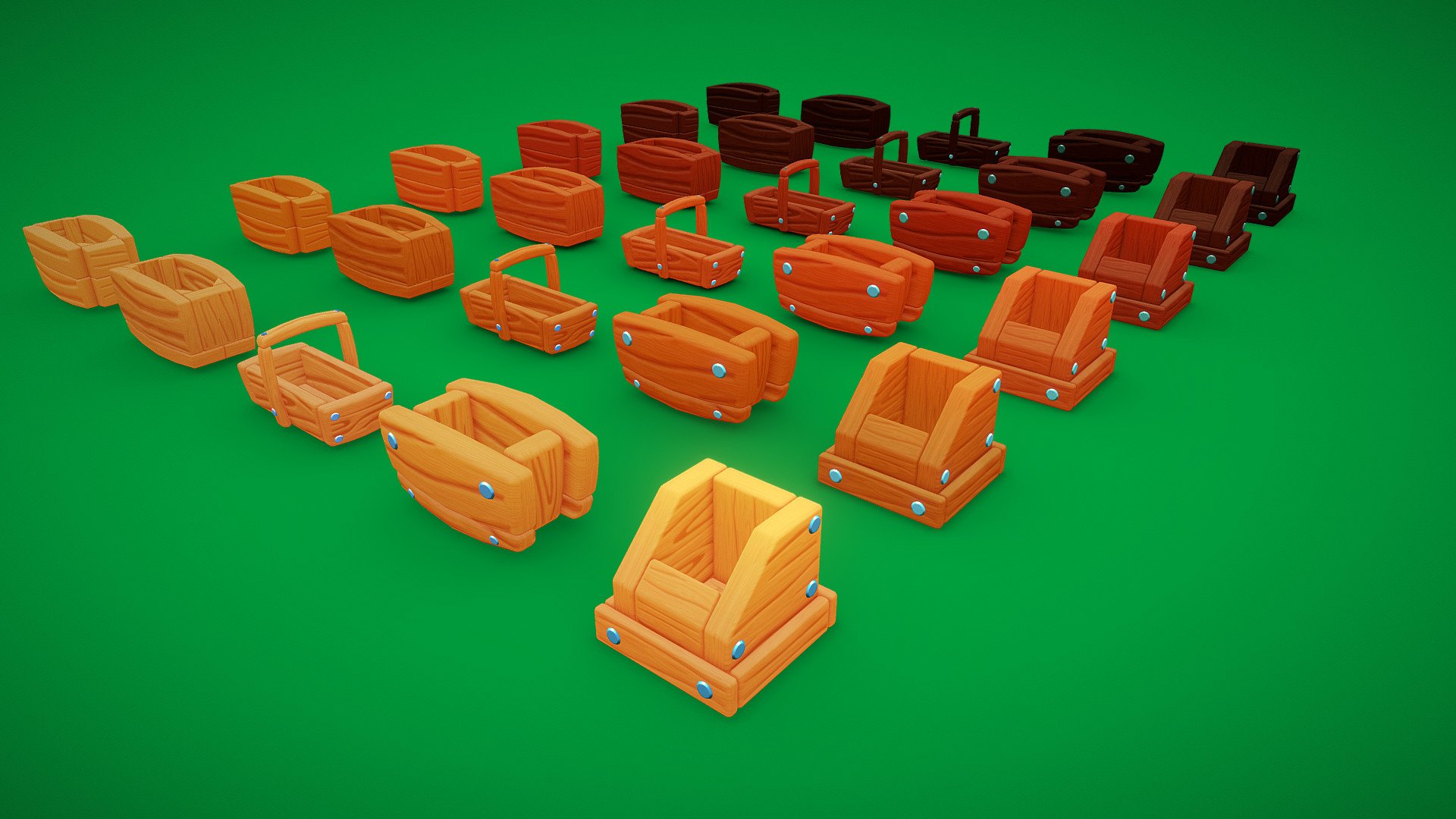 This pack contains 5 Low Poly 3D wooden crates with 6 different diffuse texture for each crate. Fits perfect as a decoration in exterior and interior stylized/cartoonish level design for games or VR/AR applications.

Features:




Number of Meshes: 5;

LODs: None;

Texture Size: 2048x2048 pixels;

Maps: Diffuse only;

Total Number of Textures: 30;

Supported Development Platforms: any

Supported Target Build Platforms: any

Polycount: 




Box 01: 1.642 polygons;

Box 02: 658 polygons;

Box 03: 1.356 polygons;

Box 04: 1.008 polygons;

Box 05: 1.246 polygons;
 - Pack of Cartoon Wooden Crates - Buy Royalty Free 3D model by Rafael Ribeiro (@ribeirorafael) 3d model