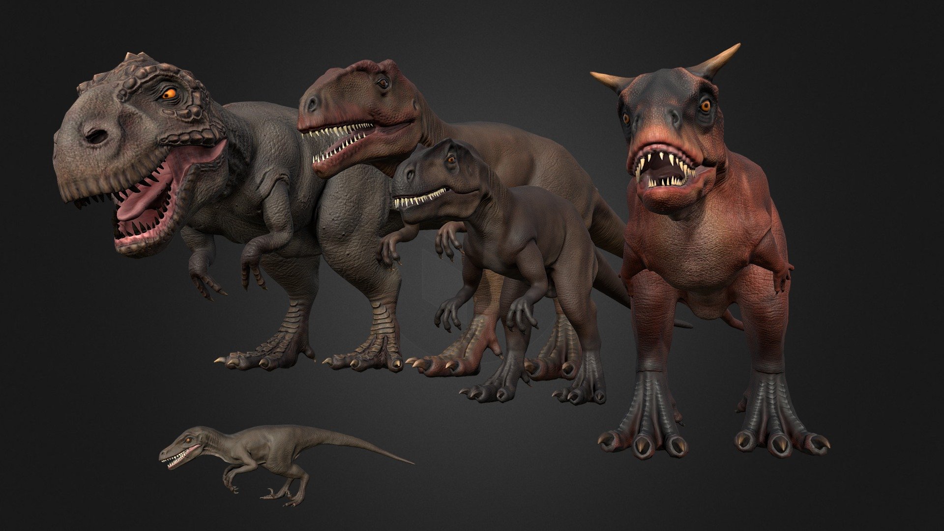 This asset has Theropods pack




Tyrannosaurus

Velocitaptor

Carnotaurus

Giganotosaurus

Allosaurus

All model have 4 LODs.

Polygon count of :




Tyrannosaurus  24550 tris (5900 tris mobile version)

Velociraptor 23600 tris (6650 tris mobile version)

Carnotaurus 26300 tris (6500 tris mobile version)

Giganotosaurus 26500 tris  (6000 tris mobile version)

Allosaurus 27050 tris (6350 tris mobile version)

Texture dimensions: 2048*2048.

All models have 105 animations.

If you have any questions, please contact us by mail: Chester9292@mail.ru - Theropods Pack - Buy Royalty Free 3D model by Darina3D 3d model
