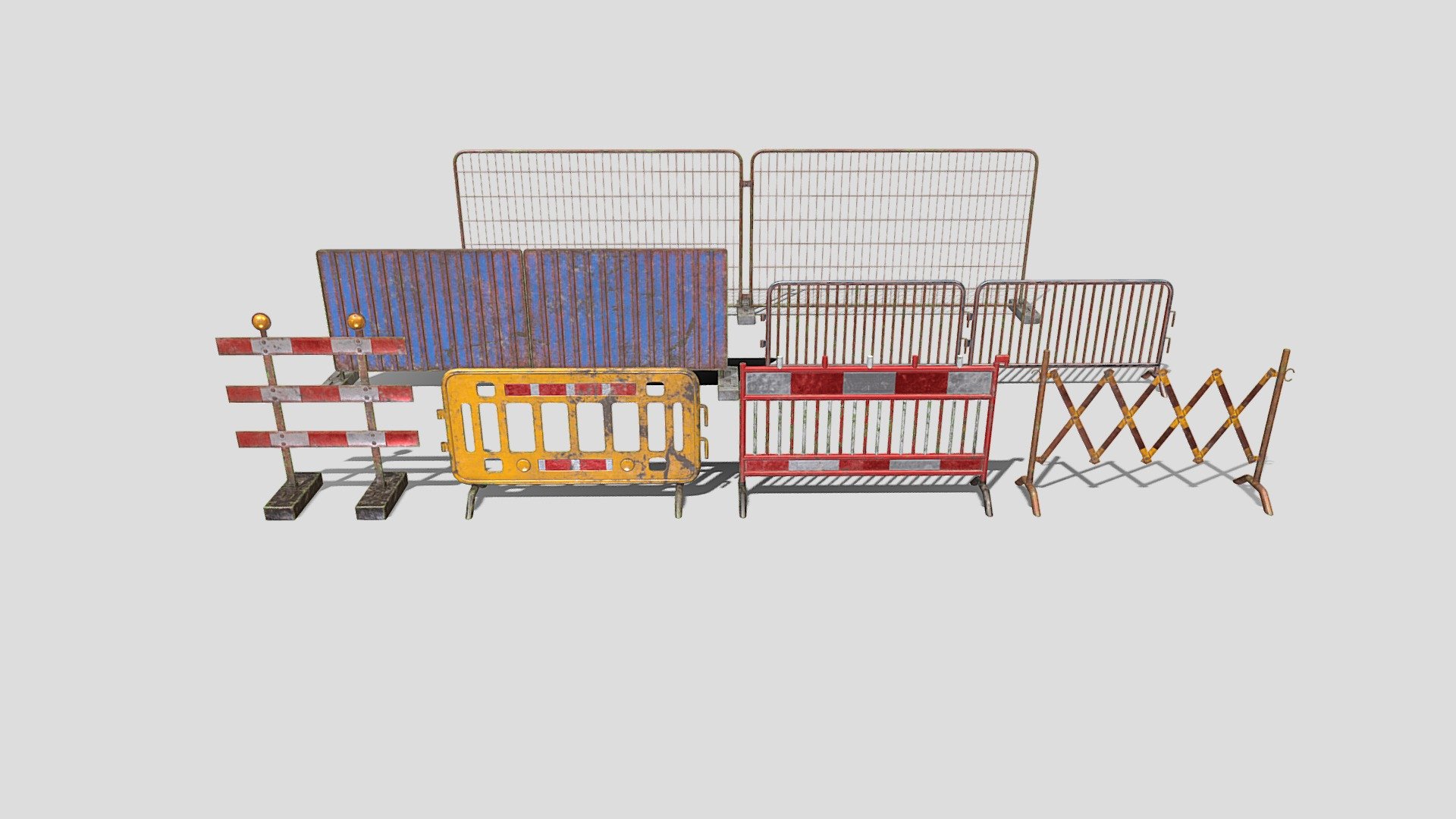 Tileable PBR construction site barrier guardrail 3d model pack rendered with Cycles in Blender, as per seen on attached images. It consists of 7 types of barriers, each split into its own object.
The models are made in a manner that allows it to be arrayed end to end, thus allowing to make the required length of the barrier as needed.

File formats:
-.blend, rendered with cycles, as seen in the images;
-.obj, with materials applied;
-.dae, with materials applied;
-.fbx, with materials applied;
-.stl;

Files come named appropriately and split by file format.

3D Software:
The 3D model was originally created in Blender 3.1 and rendered with Cycles.

Materials and textures:
The models have materials applied in all formats, and are ready to import and render.
Materials are image based using PBR, the models come with five 1k png image textures per each barrier, thus 35 images in total.

For any problems please feel free to contact me.

Don't forget to rate and enjoy! - Construction site barrier pack V1 weathered - Buy Royalty Free 3D model by dragosburian 3d model