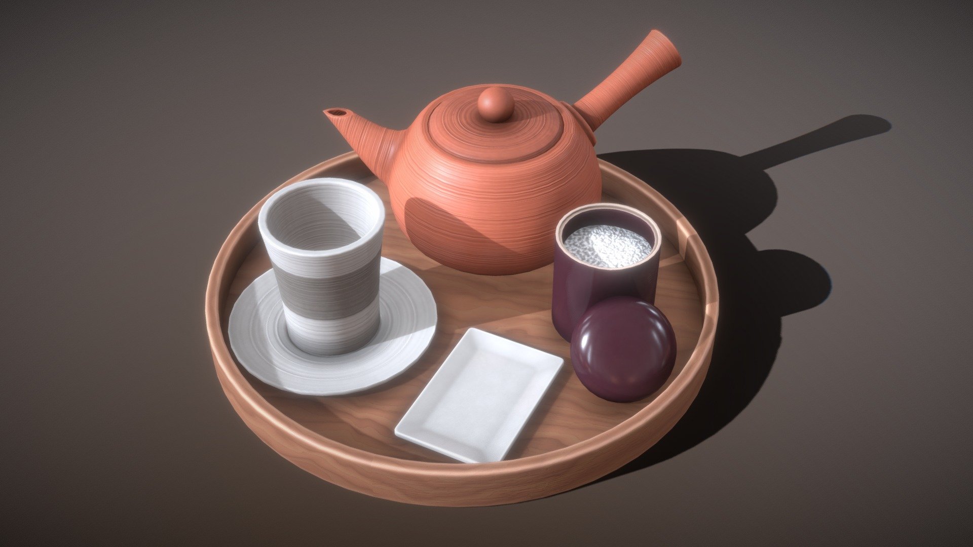 Japanese porcelain tea set in black and red with functioanl bowls and pot on a tablet

Dimension: 85.795cm x 36.337cm x 48.697cm 
Typ: Static mesh
Texture: one single set, no alternative versions 
Materials: one in PBR style - Japanese Furniture Kit - Tea Pot - 3D model by DuoDraconis 3d model