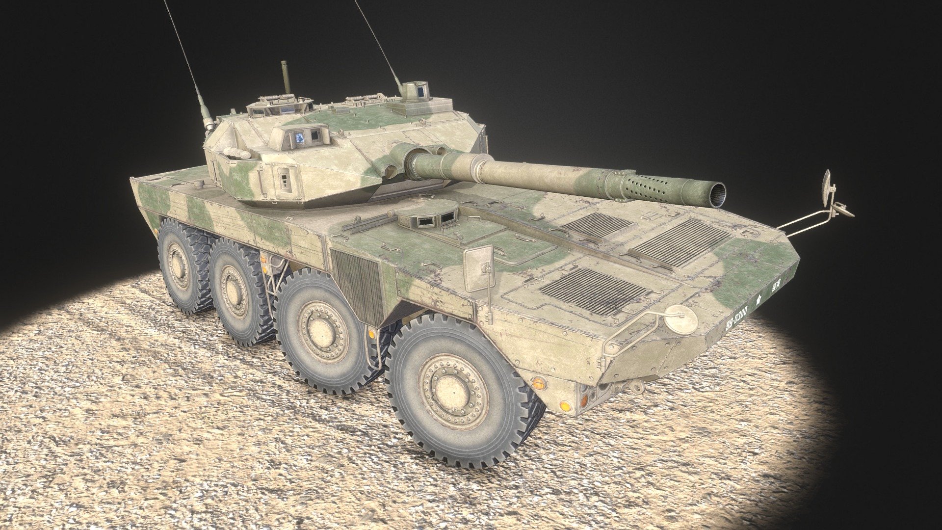 available in assetstore/cgtrayder
1. The Type 16 Maneuver Combat Vehicle (16式機動戦闘車 Hitoroku-shiki kidou-sentou-sha) is a wheeled tank destroyer of the Japan Ground Self-Defense Force. 
2. This model I did in my spare time giving 3.5 hours in the evening. As a result, it turned out 185 hours. At this time included - lowpoly, hipoly, mapping and baking maps. Also add 20 hours left for coloring the model 3d model