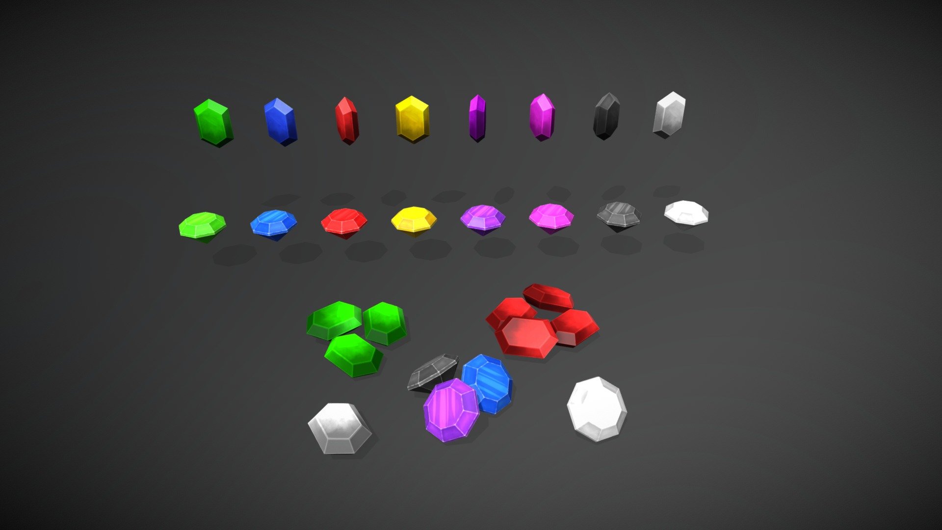 A collecton of assorted gems, all hand painted in a selection of colours 3d model