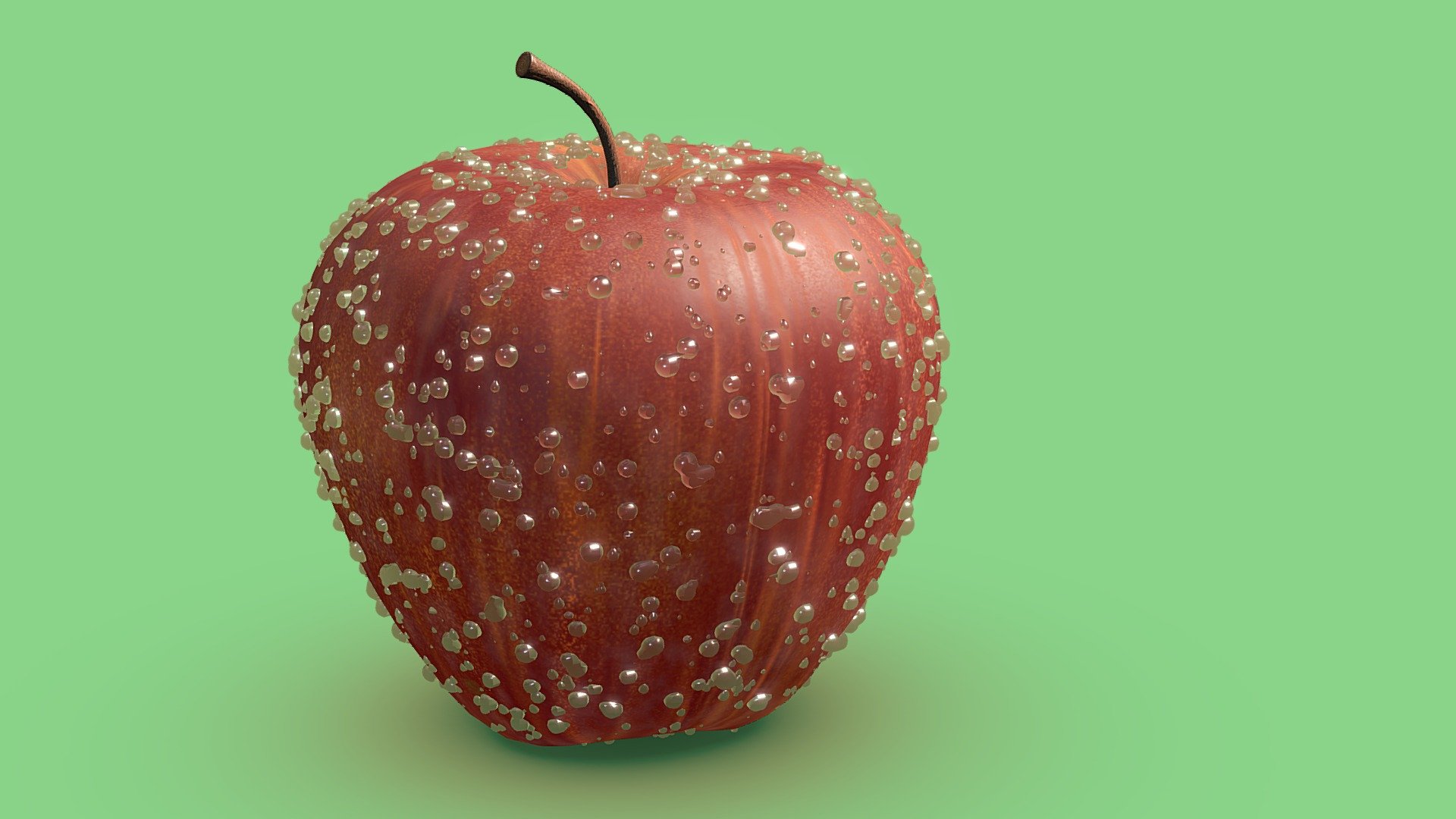 the creation of this Apple is all done in Blender from (modeling, UV unwrap to textuers painting) added some water particales to give a some freashnes look to the apple! 3d model