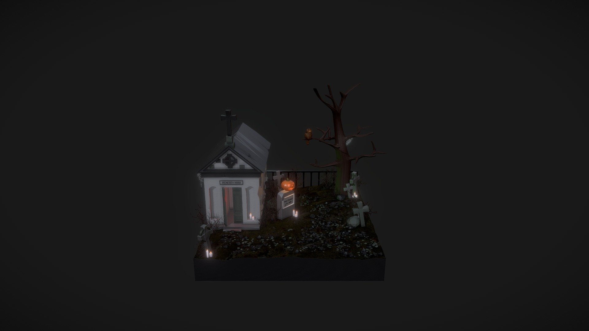 Low poly 3D scene of a cemetery for Hallowen 2020.

This scene has the animation - you can check it on my Instagram account:
https://www.instagram.com/p/CHA4u9LqBYB/ - Spooky Halloween Cemetery - 3D model by Eva Gelia (@evagelia) 3d model