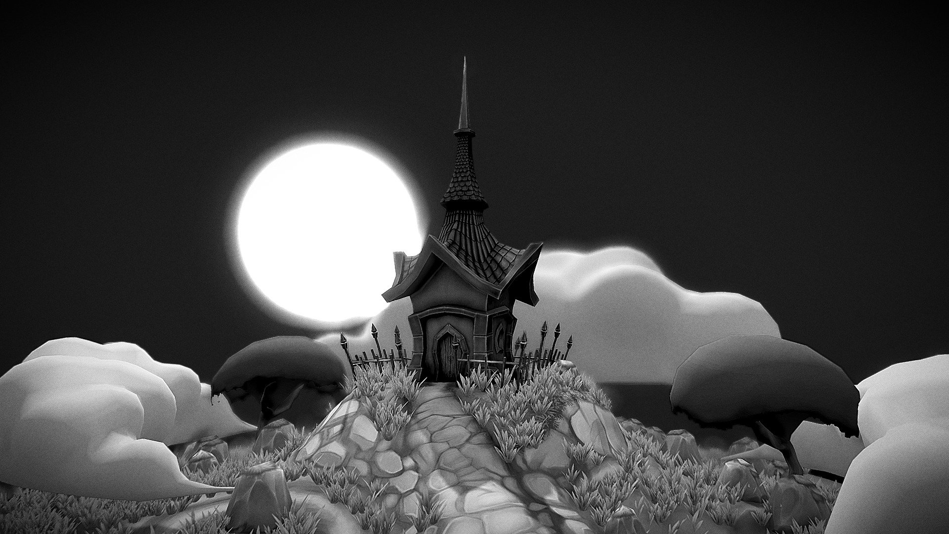 So this project began being another hand paint piece, but then I started trying post processing effects here in Sketchfab and I realized it looked quite good as a grayscale. This is the first time I use the post-processing so much, up to the point it's changing the whole final result. I'm still happy with this project.

I used Geometry nodes to spawn different elements on the ground. The leaves texture for the trees is not complete since I didn't have enough time to get into that level of detail. Made completely using Blender and Substance Painter. Hope you guys like it.

Blender #Blender3D #Blendercommunity #SubstancePainter #HandPaint #Environment #House #Crypt #Building #Architecture #Cartoon #Lowpoly #Cute - Lonely Crypt - Stylized Diorama - 3D model by P3D (@PelpesElSabio) 3d model