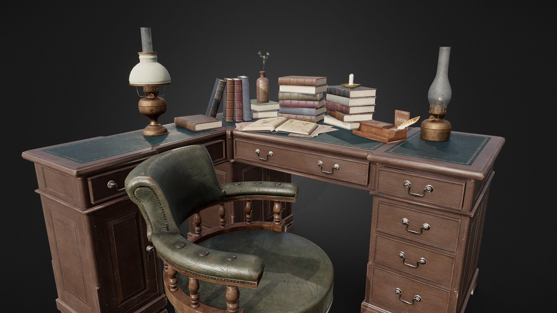 A game-ready desk with props. It would make a great addition to an office or library scene and the props could be used more broadely in any old / Victorian-era environment. Includes:


Desk. The corner extension can be removed. The cabinet and top draws can be opened 2k texture
Leather chair 2k texture
Collection of books, including a candle, ink well and quill pen 2k texture
Oil lamps 1k texture
Small bottle with flower 512x512

Modelled in Blender and textured in Substance Painter 3d model
