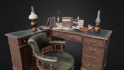 Victorian Desk with Props office, scene, victorian, library, desk, study, pack, books, antique, collection, realistic, old, inkwell, assetpack, oil-lamp, leather-chair, victorian-furniture, oldprop, low-poly, blender, chair, substance-painter, gameasset, gameready, victorian-props