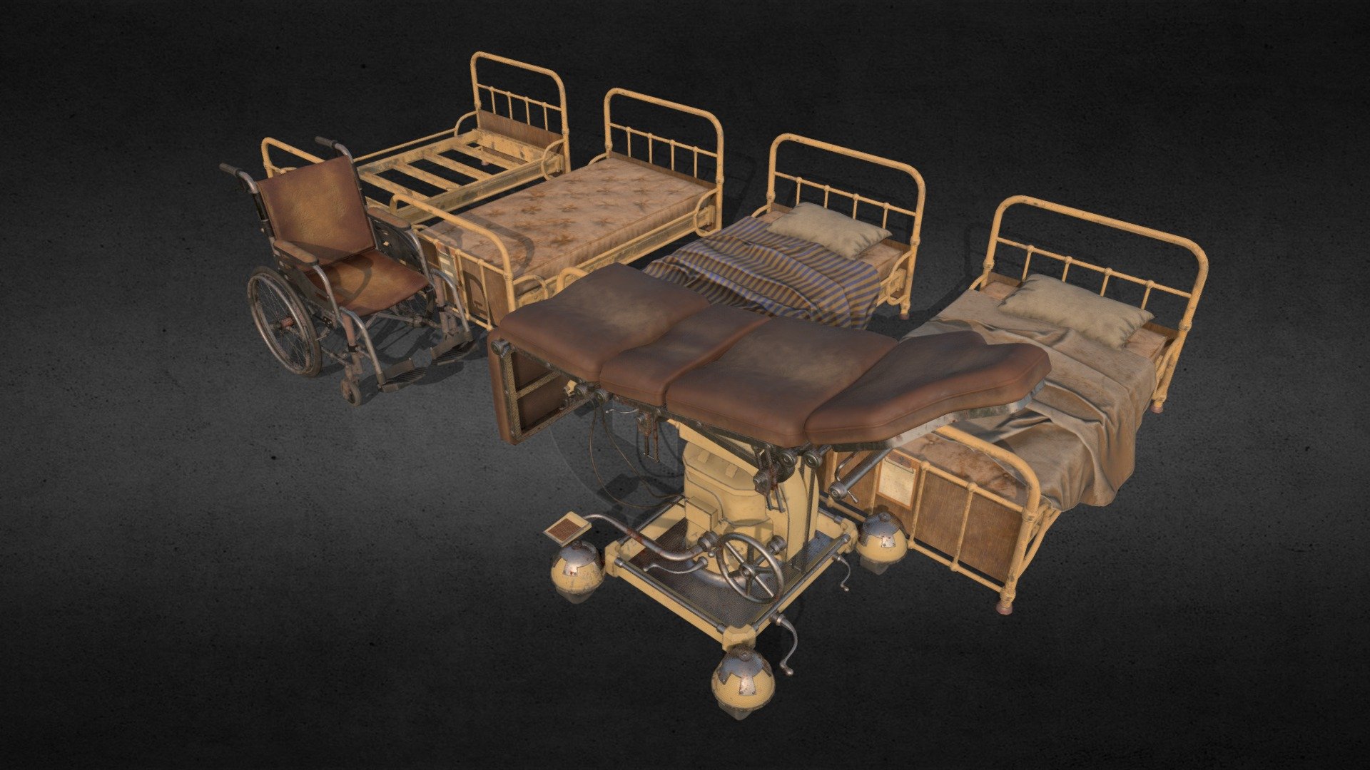 All model textures has 4096x4096 resolution Pbr textures.(Base color,Normal map OpenGL,Roughness,Metallic,Ambient OC)


Each model has one Uv map-One material.


Surgery stretcher 41K Triangles.


WheelChair 25K Triangles.


Bed 7225 Triangles.


cgtradercom/3d-models/science/medical/old-hospital-equipments - Old Hospital Equipments 3d model
