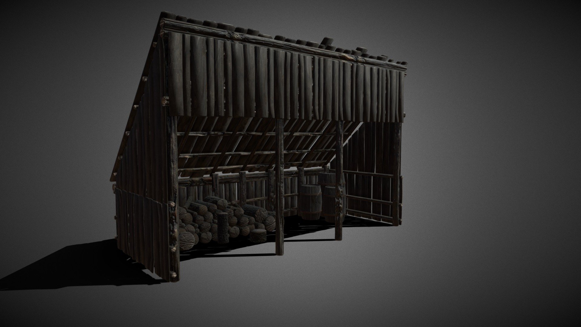 The wood storage is divided into 3 parts. Warehouse, woodpile and barrels. All are individually exportable. Materials and textures are included. The lumber store has been optimized for games and offers few faces as well as only 3 materials - Low Poly Woodenstorage - 3D model by 3DFoxHound 3d model