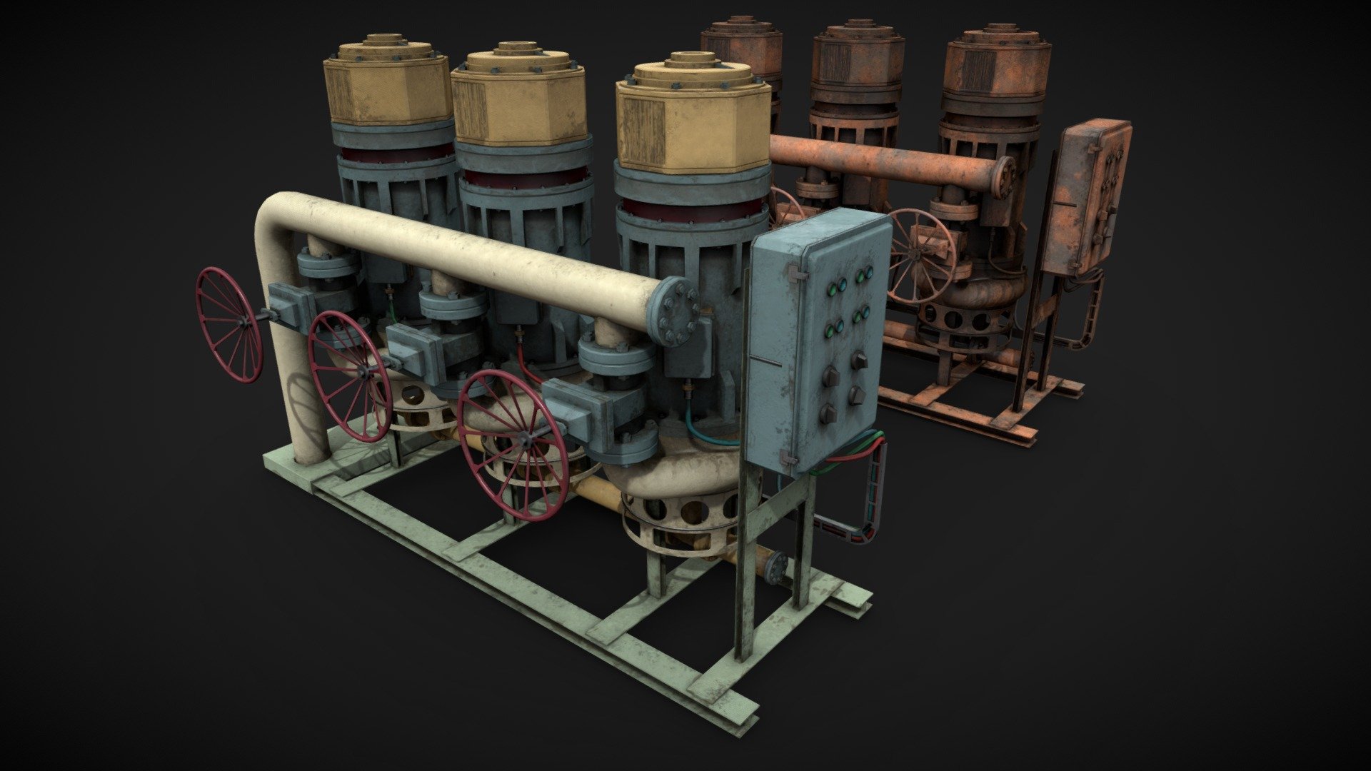 Machinery device for industrial visualizations 

4k PNG PBR textures included 

Painted and heavy rusted 

Non overlapped UVs 3d model